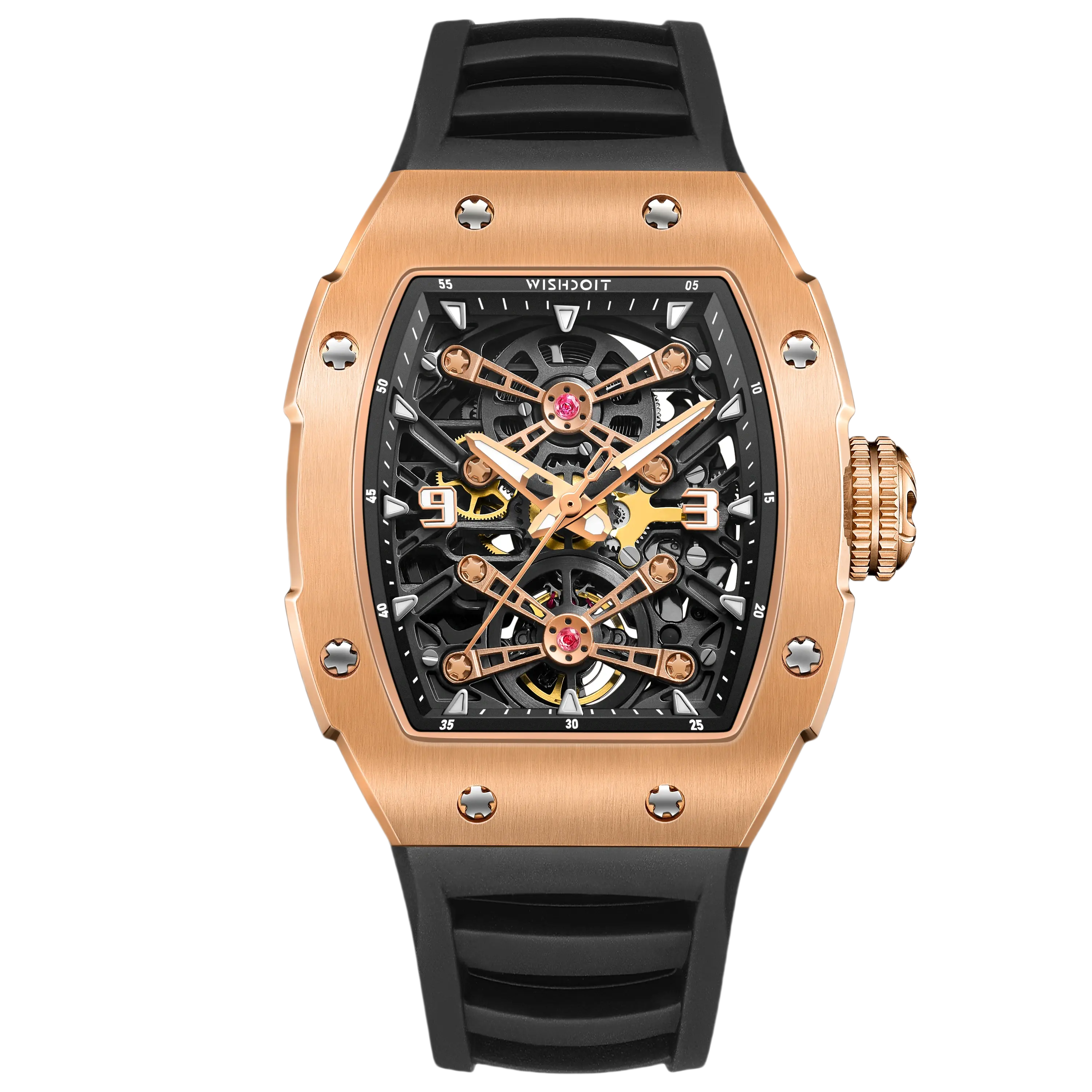 Wishdoit Watches Tonneau Affordable Best Men Mechanical Full Speed Watch | Fluorine Rubber Watch Strap|Rose Gold