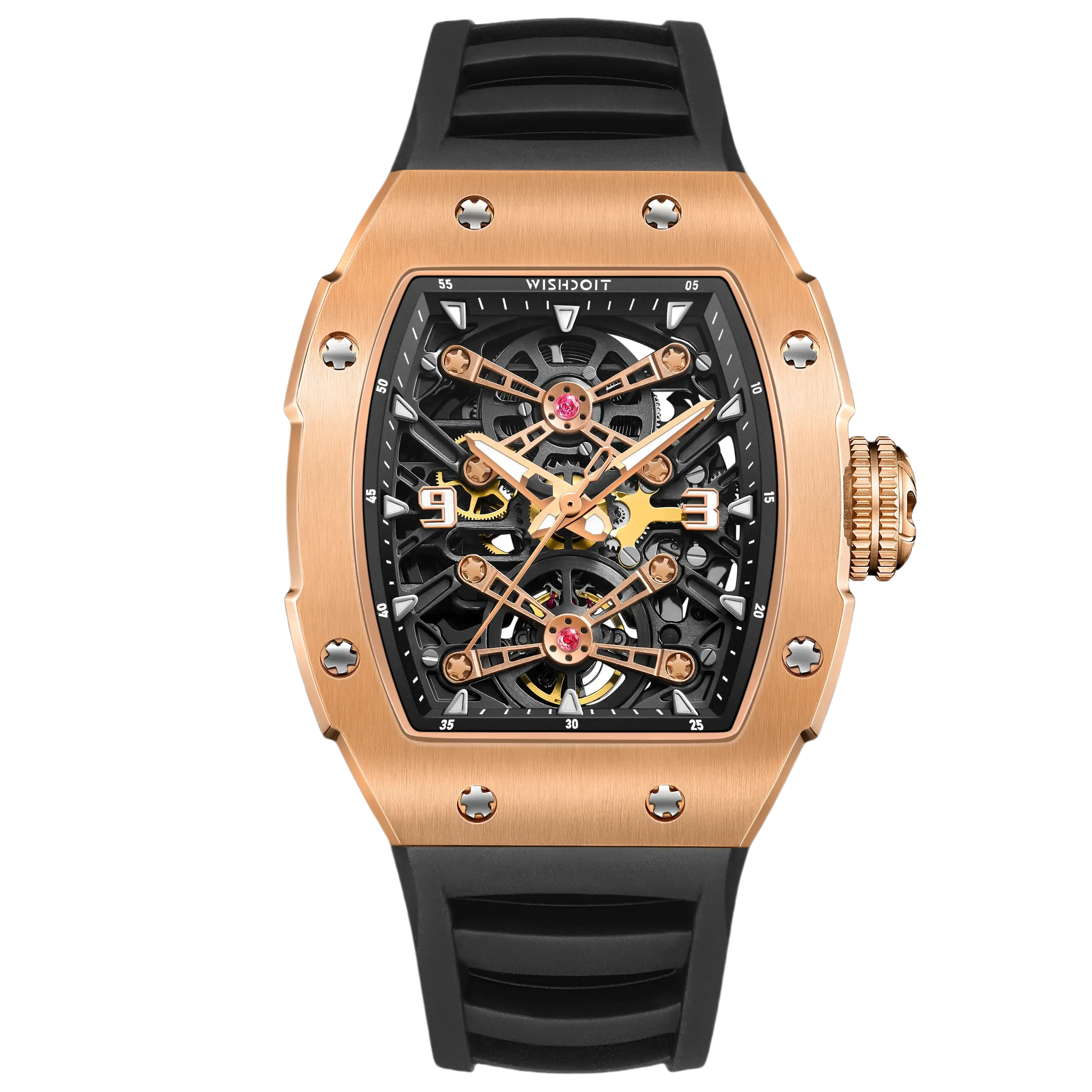 Wishdoit Watches Tonneau Affordable Best Men Mechanical Full Speed Watch | Fluorine Rubber Watch Strap|Rose Gold