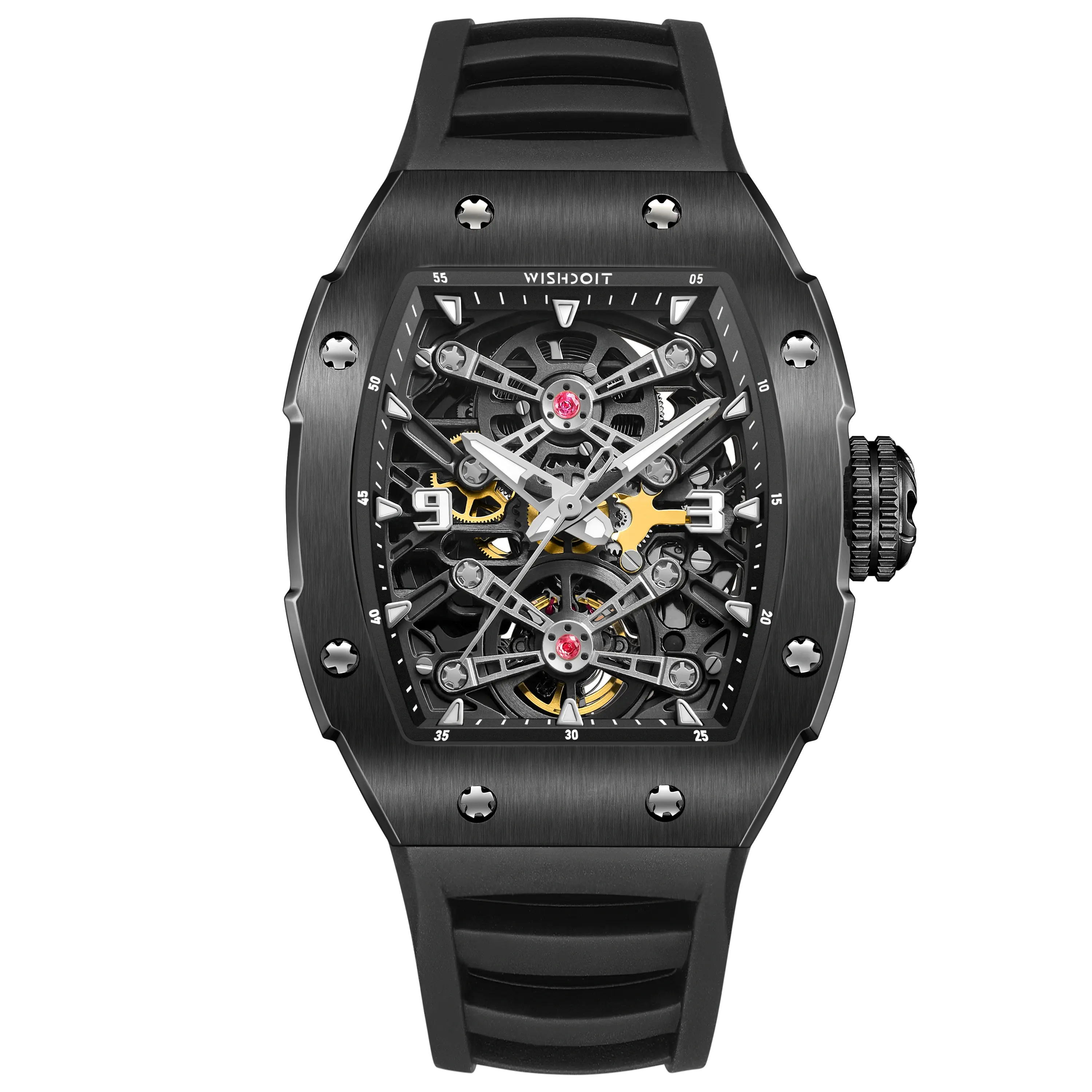 Wishdoit Watches Tonneau Affordable Best Men Mechanical Full Speed Watch | Fluorine Rubber Watch Strap|Black