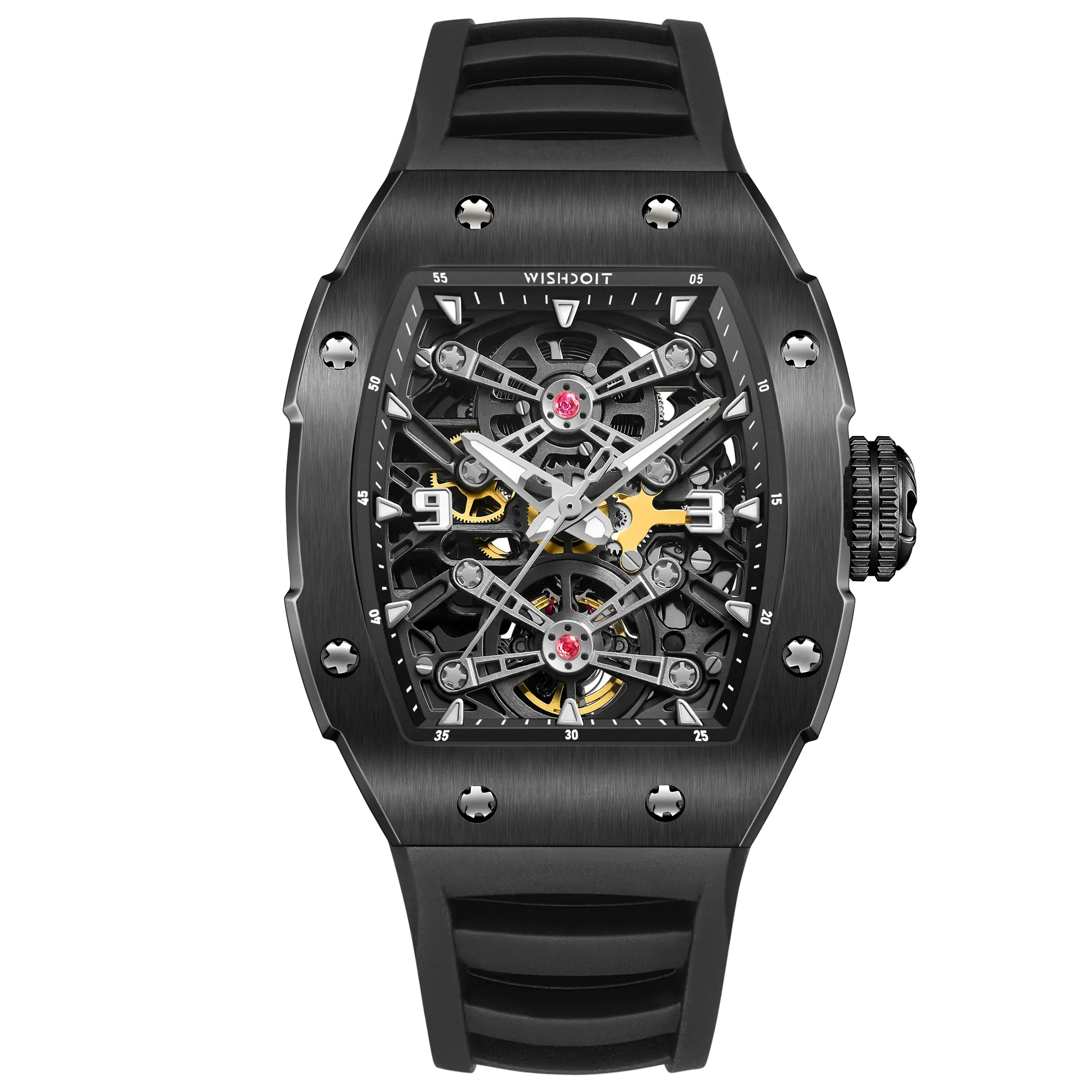Wishdoit Watches Tonneau Affordable Best Men Mechanical Full Speed Watch | Fluorine Rubber Watch Strap|Black