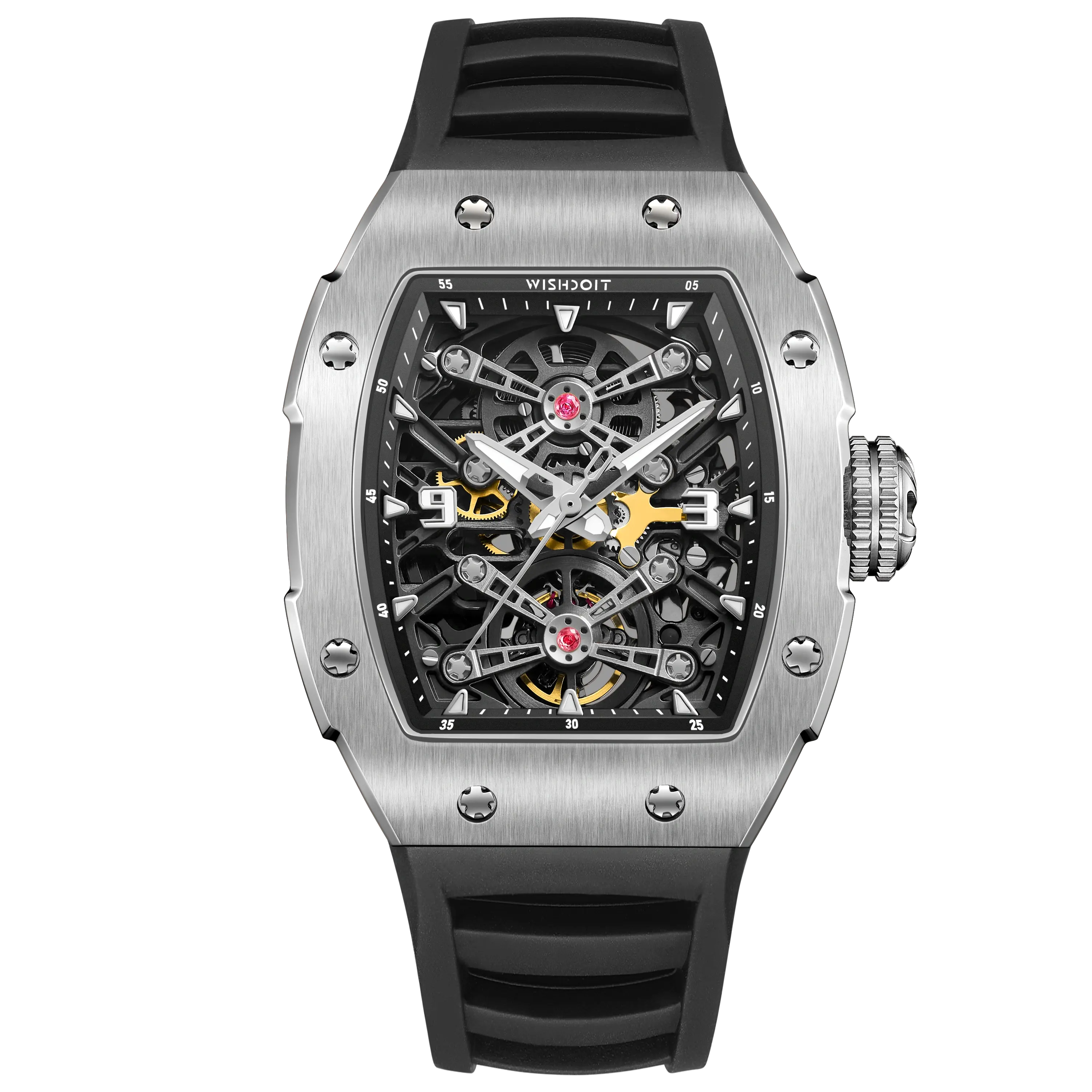 Wishdoit Watches Tonneau Affordable Best Men Mechanical Full Speed Watch | Fluorine Rubber Watch Strap|Silvery