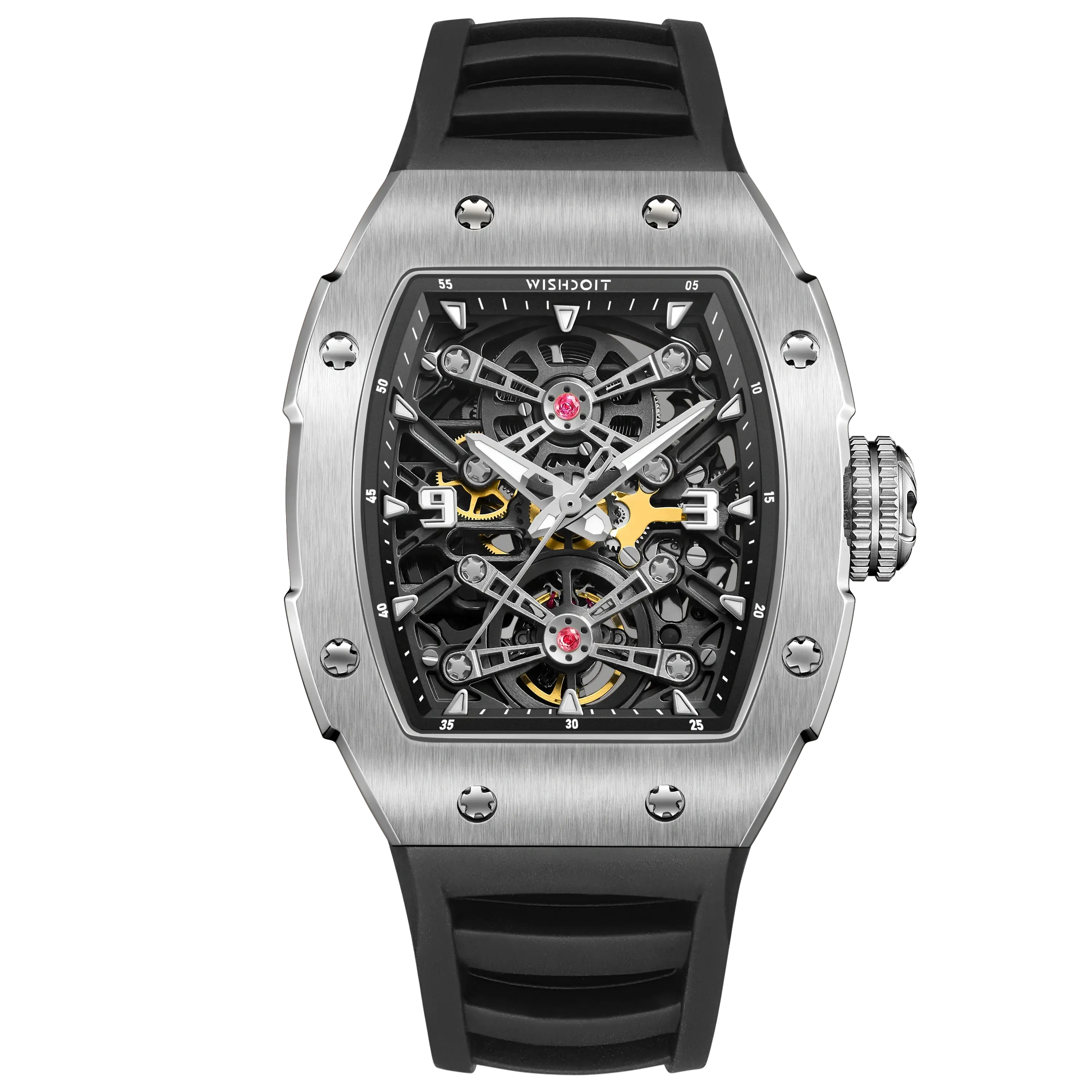 Wishdoit Watches Tonneau Affordable Best Men Mechanical Full Speed Watch | Fluorine Rubber Watch Strap|Silvery