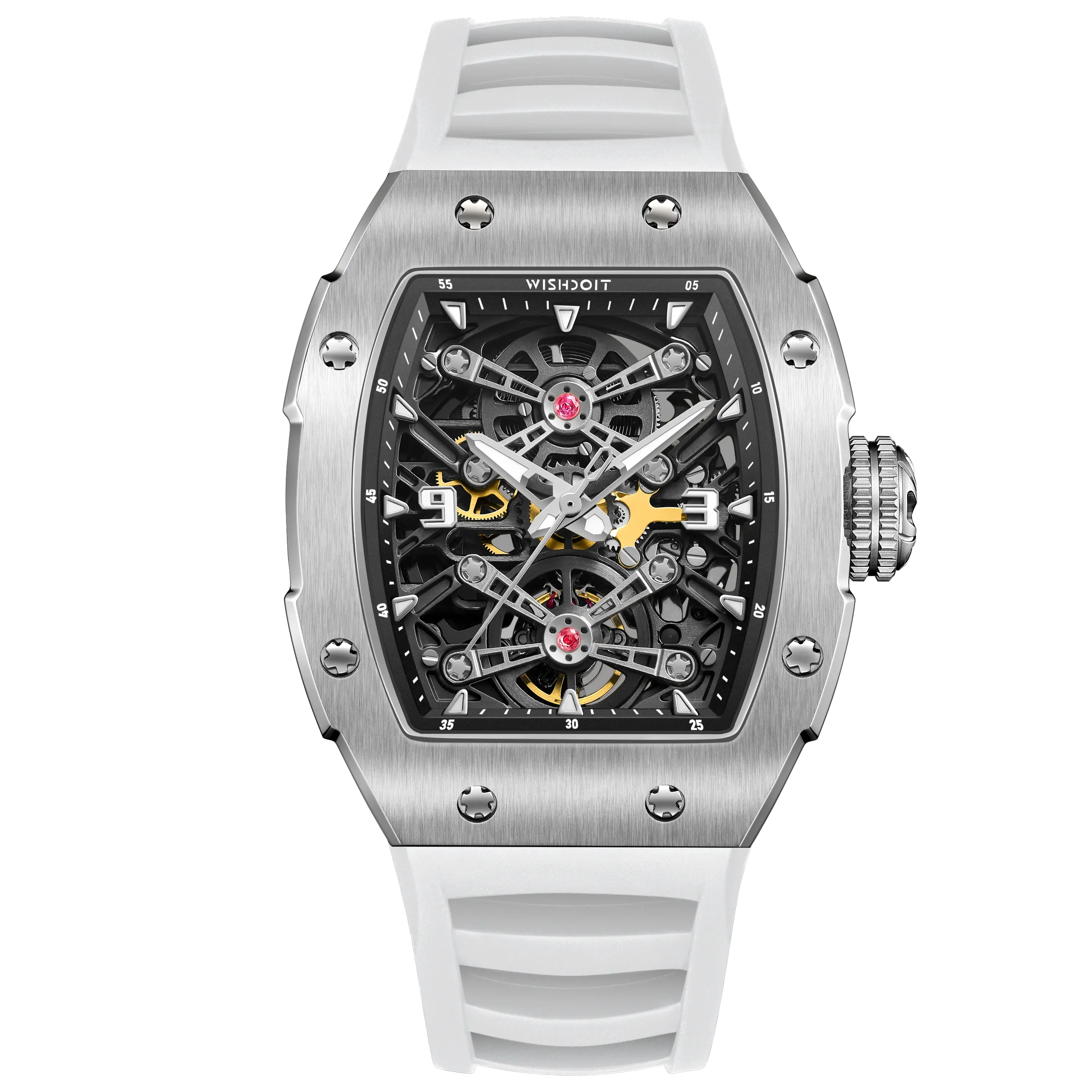 Wishdoit Watches Tonneau Affordable Best Men Mechanical Full Speed Watch | Fluorine Rubber Watch Strap|Silvery