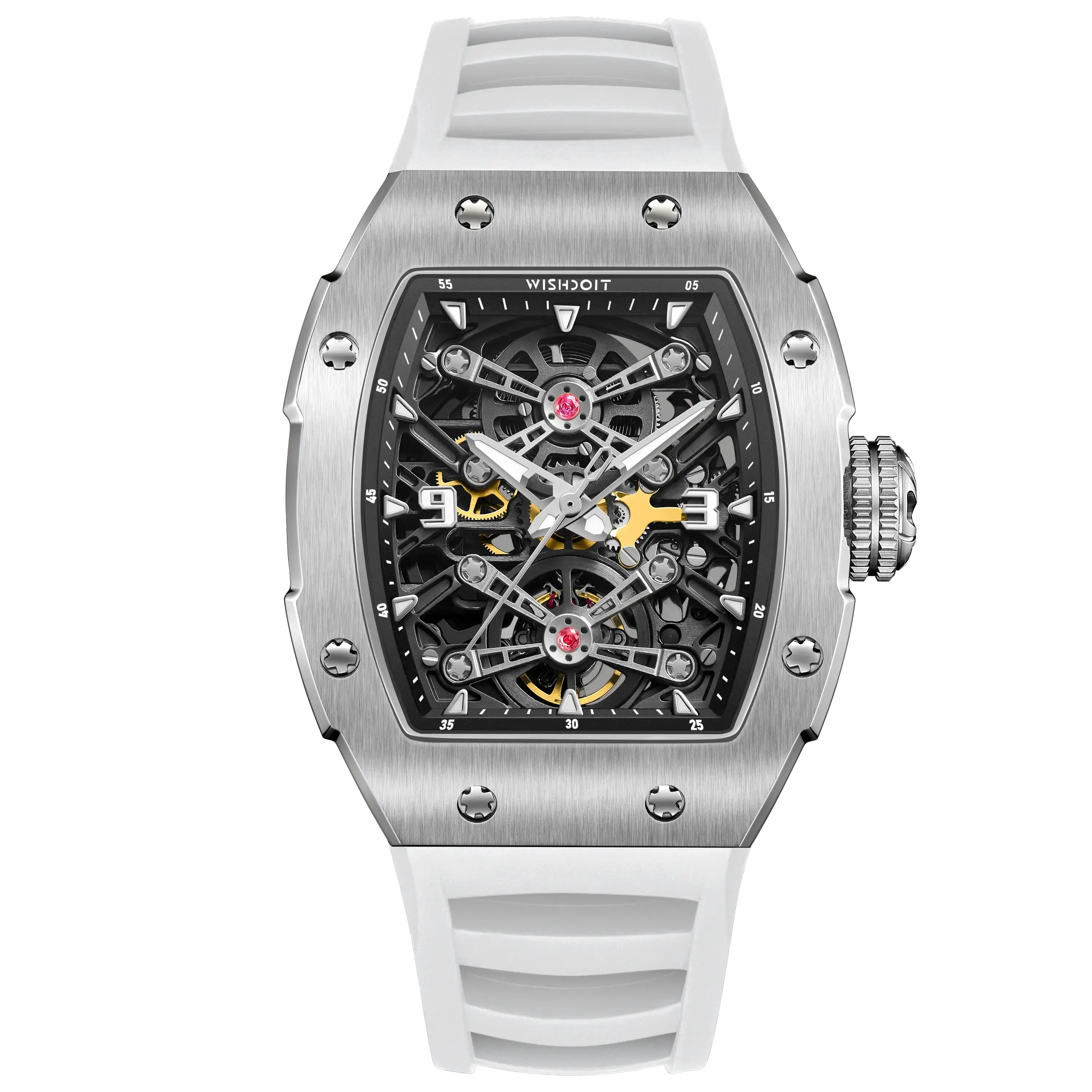 Wishdoit Watches Tonneau Affordable Best Men Mechanical Full Speed Watch | Fluorine Rubber Watch Strap|Silvery