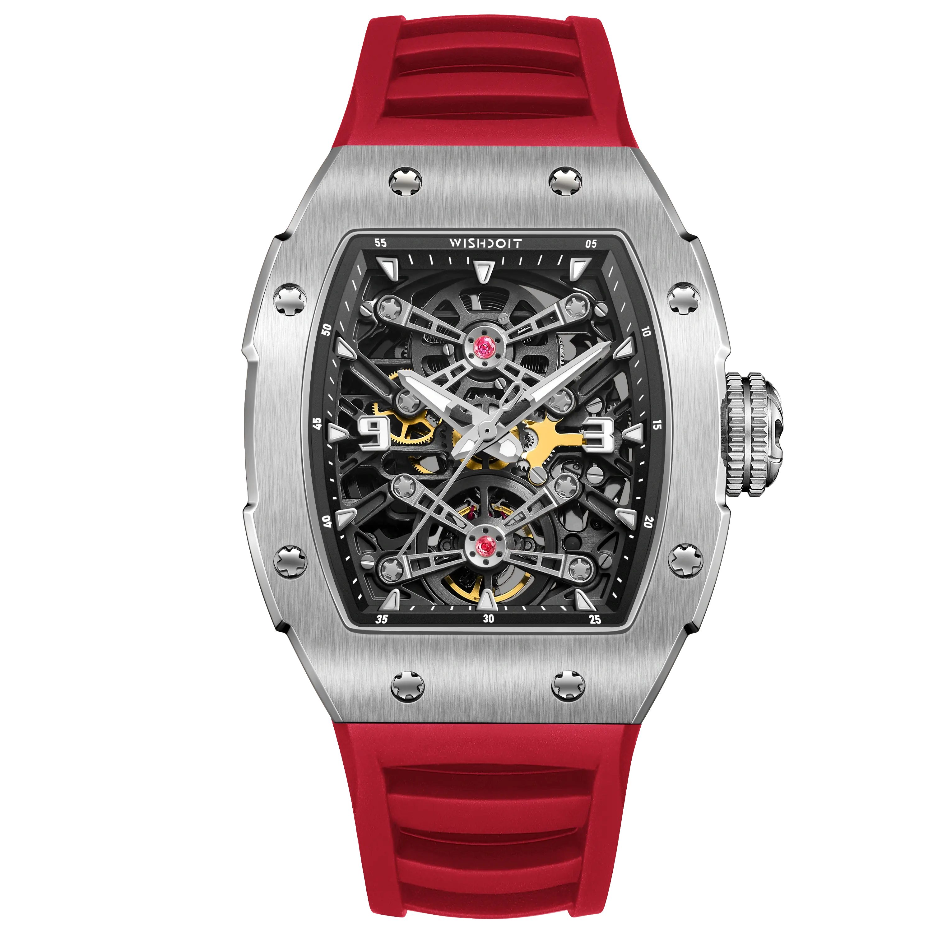 Wishdoit Watches Tonneau Affordable Best Men Mechanical Full Speed Watch | Fluorine Rubber Watch Strap|Silvery (Red Strap)