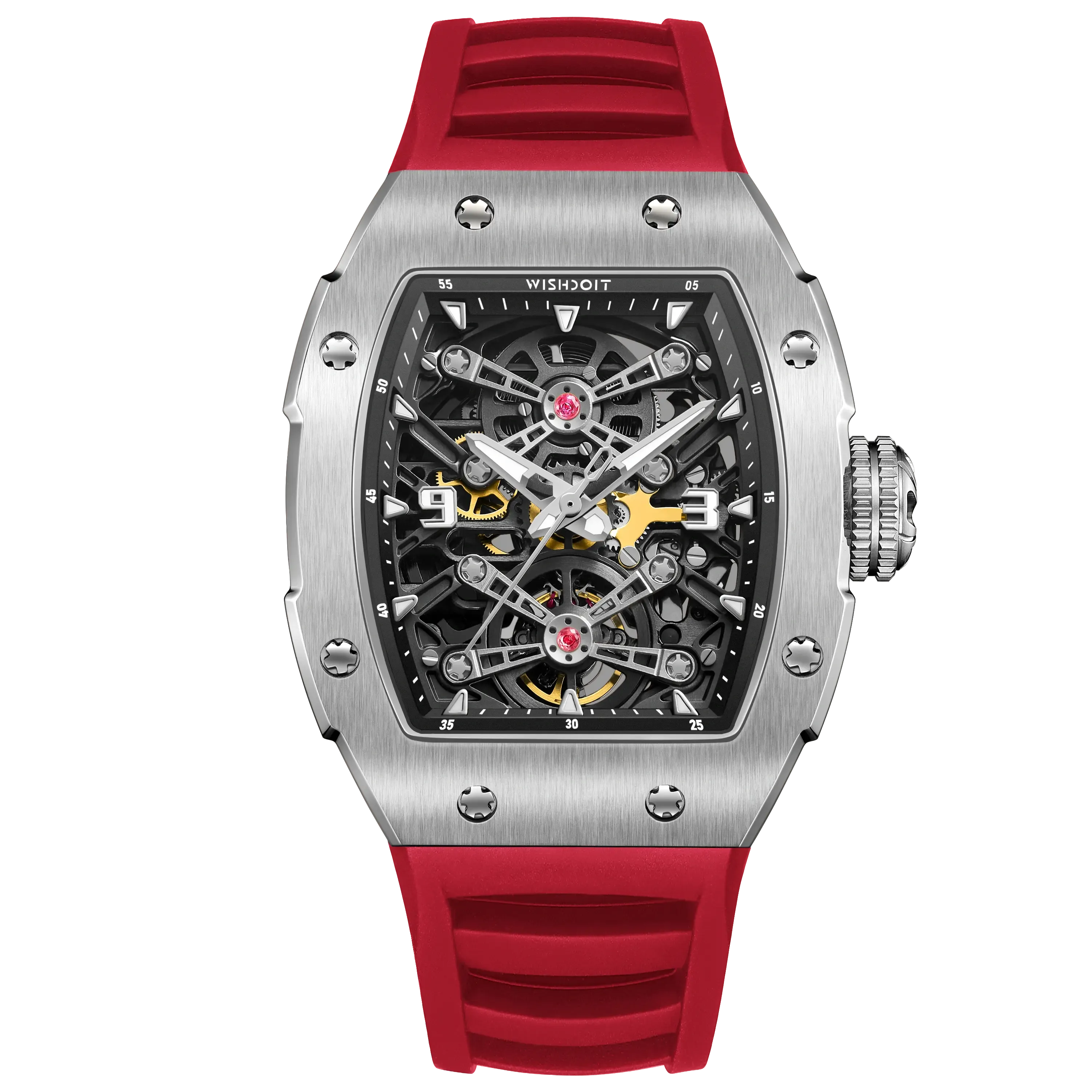 Wishdoit Watches Tonneau Affordable Best Men Mechanical Full Speed Watch | Fluorine Rubber Watch Strap|Silvery (Red Strap)