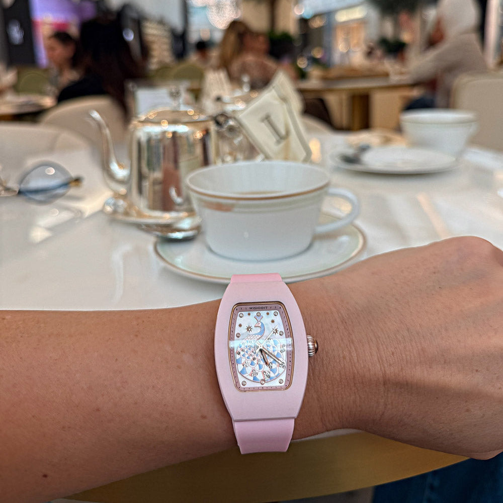 Wishdoit Watches Tonneau Affordable Best Women Chronograph l Peacock Plume Women's Watch| Fluorine Rubber Watch Strap lPink (Pink Strap)