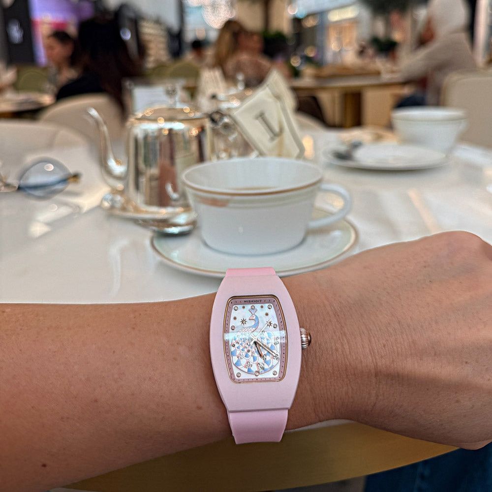 Wishdoit Watches Tonneau Affordable Best Women Chronograph l Peacock Plume Women's Watch| Fluorine Rubber Watch Strap lPink (Pink Strap)