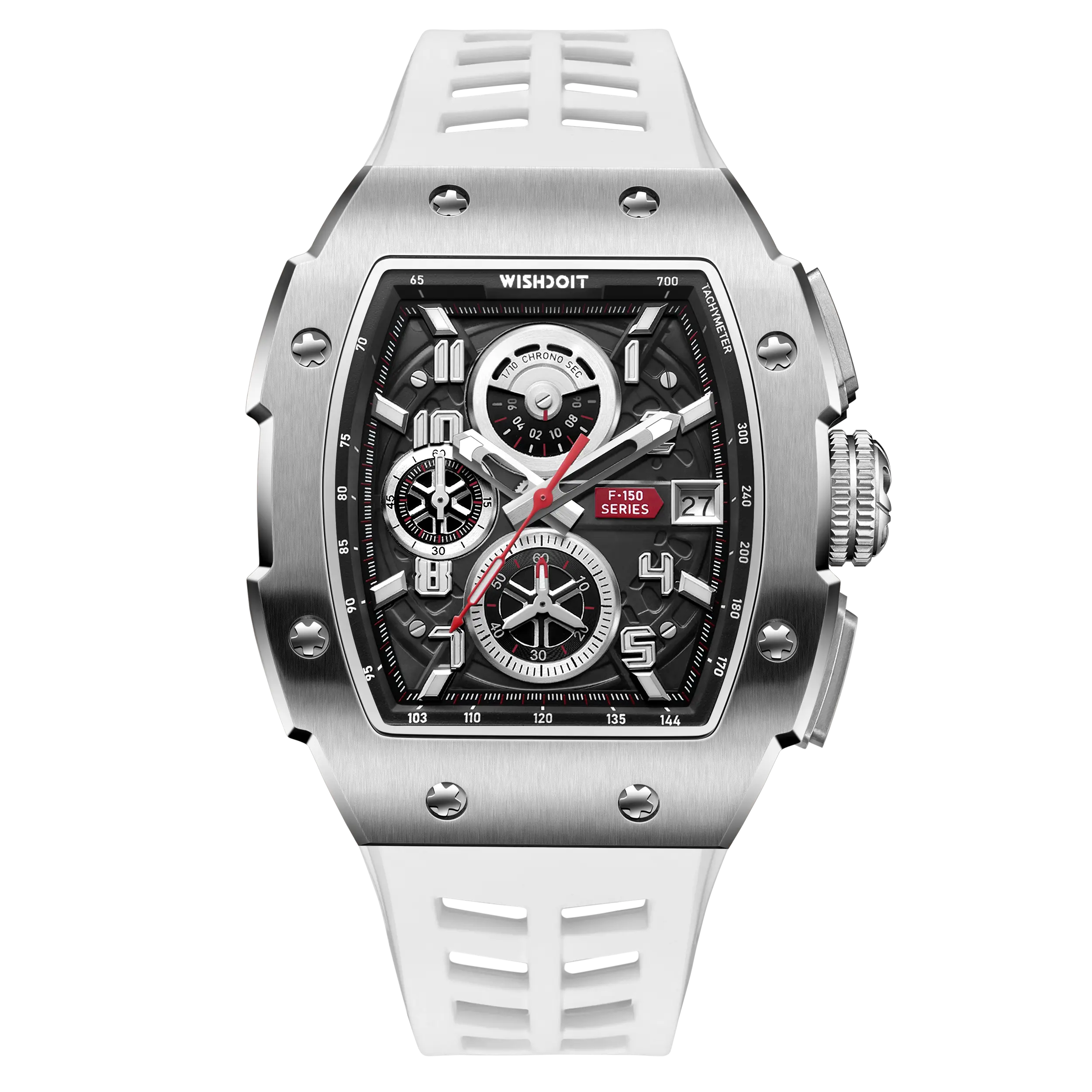 Wishdoit Watches Tonneau Affordable Best Men Chronograph F-150 Racing Watch | Fluorine Rubber Watch Strap|Silvery(White Strap)