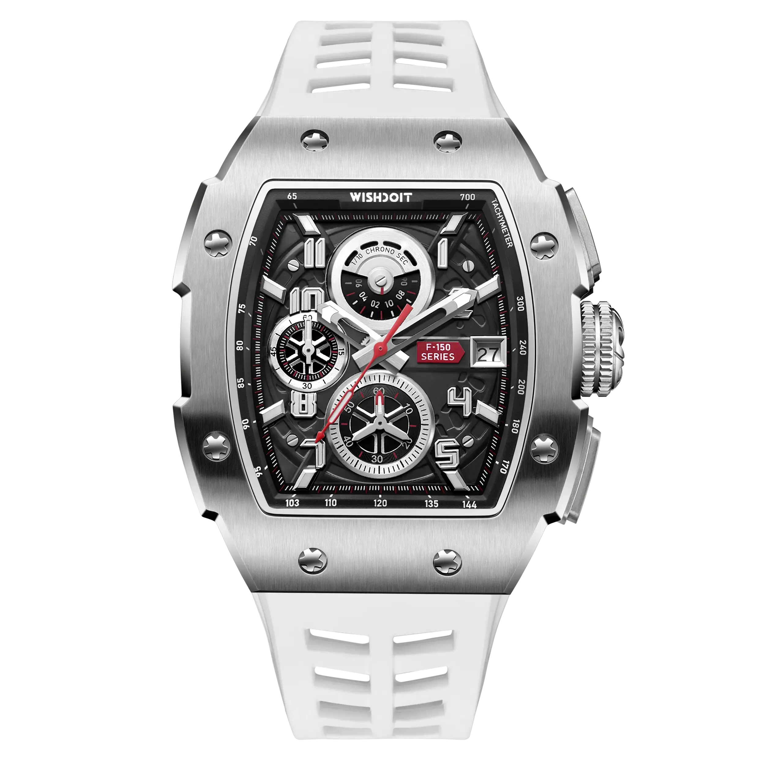 Wishdoit Watches Tonneau Affordable Best Men Chronograph F-150 Racing Watch | Fluorine Rubber Watch Strap|Silvery(White Strap)