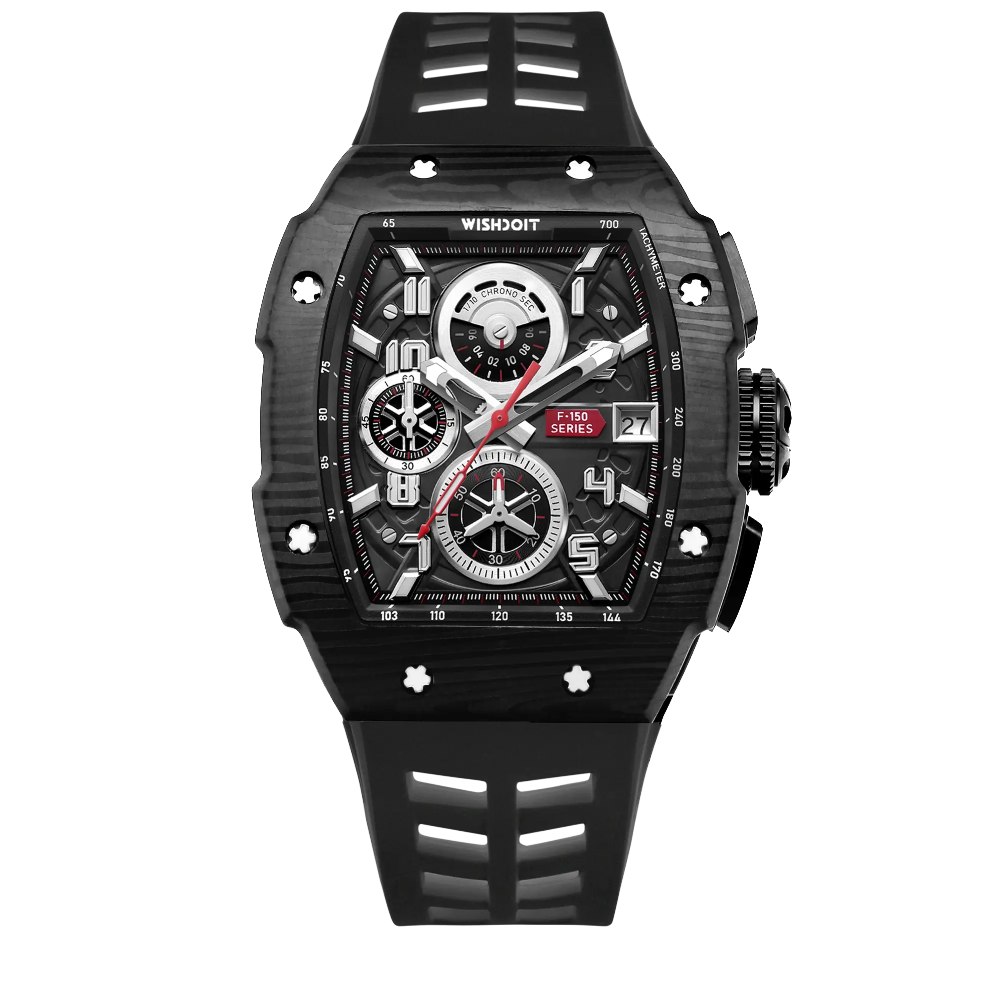 Wishdoit Watches Tonneau Affordable Best Men Chronograph F-150 Racing Watch | Fluorine Rubber Watch Strap|Black