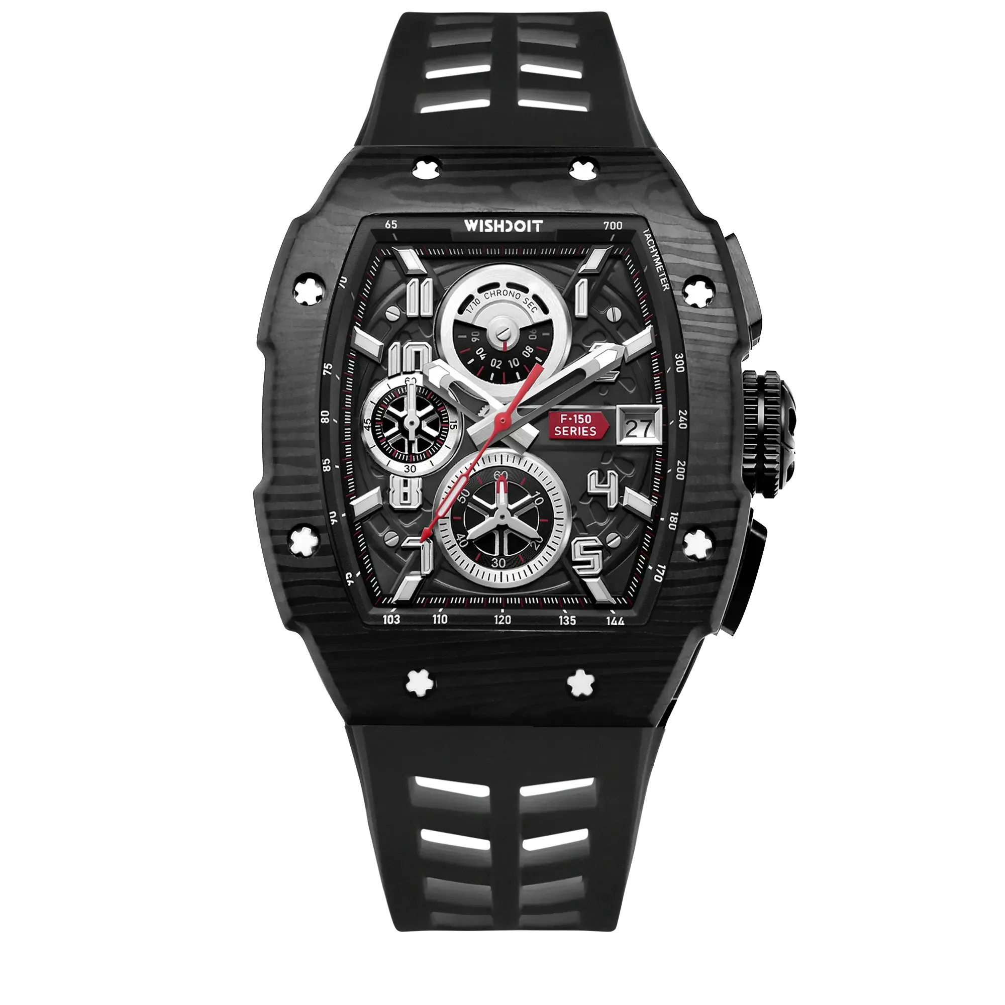 Wishdoit Watches Tonneau Affordable Best Men Chronograph F-150 Racing Watch | Fluorine Rubber Watch Strap|Black