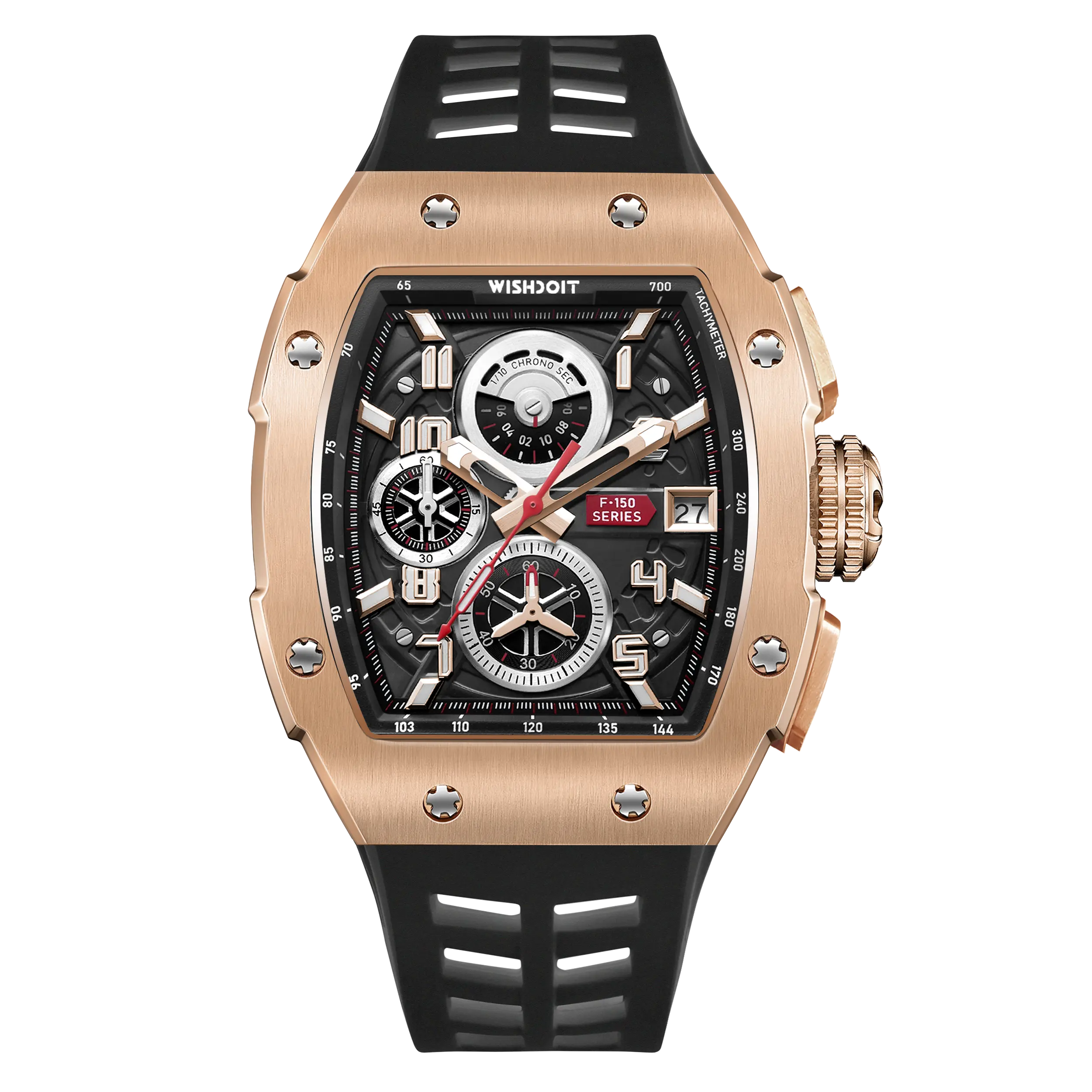 Wishdoit Watches Tonneau Affordable Best Men Chronograph F-150 Racing Watch | Fluorine Rubber Watch Strap|Gold