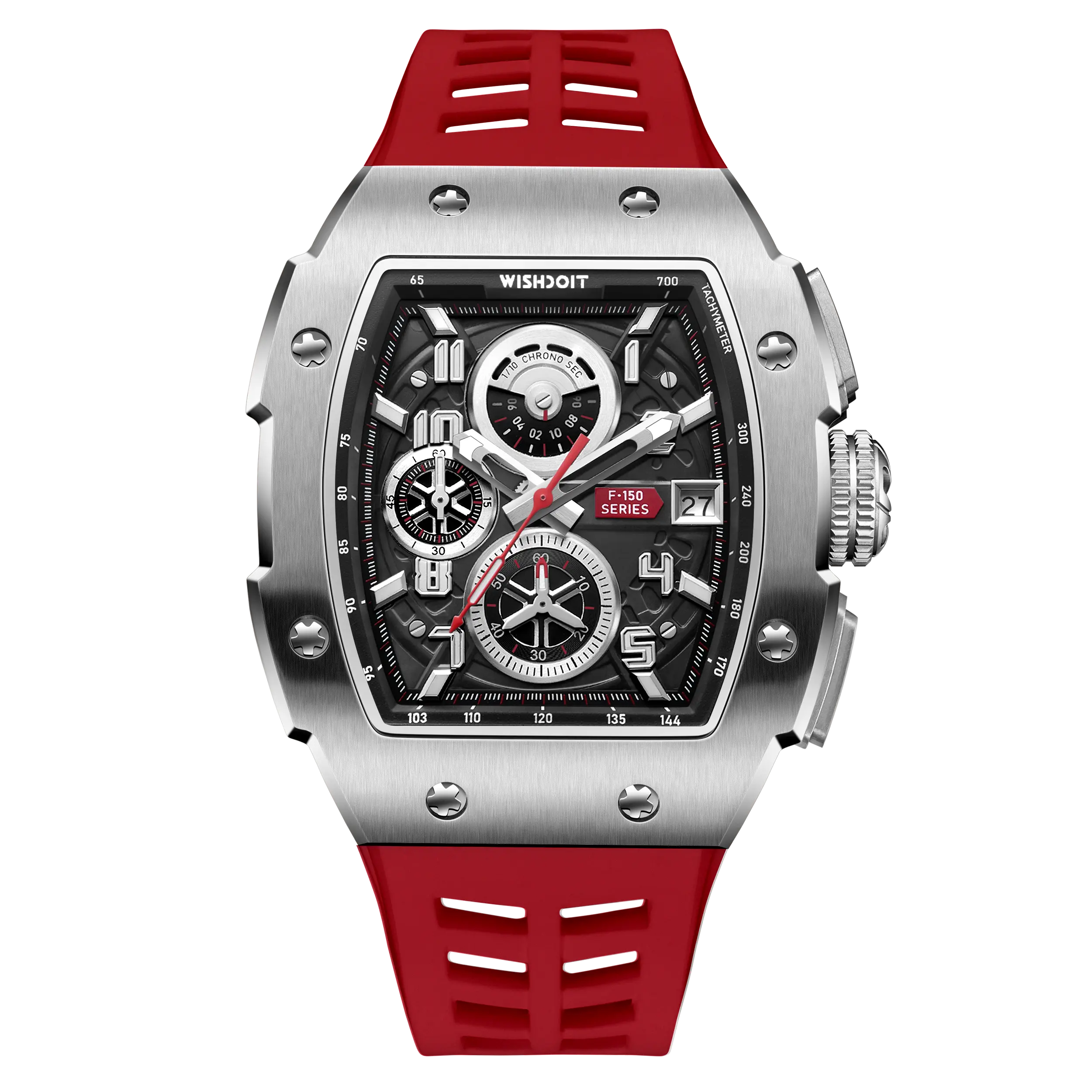 Wishdoit Watches Tonneau Affordable Best Men Chronograph F-150 Racing Watch | Fluorine Rubber Watch Strap|Silvery (Red Strap)