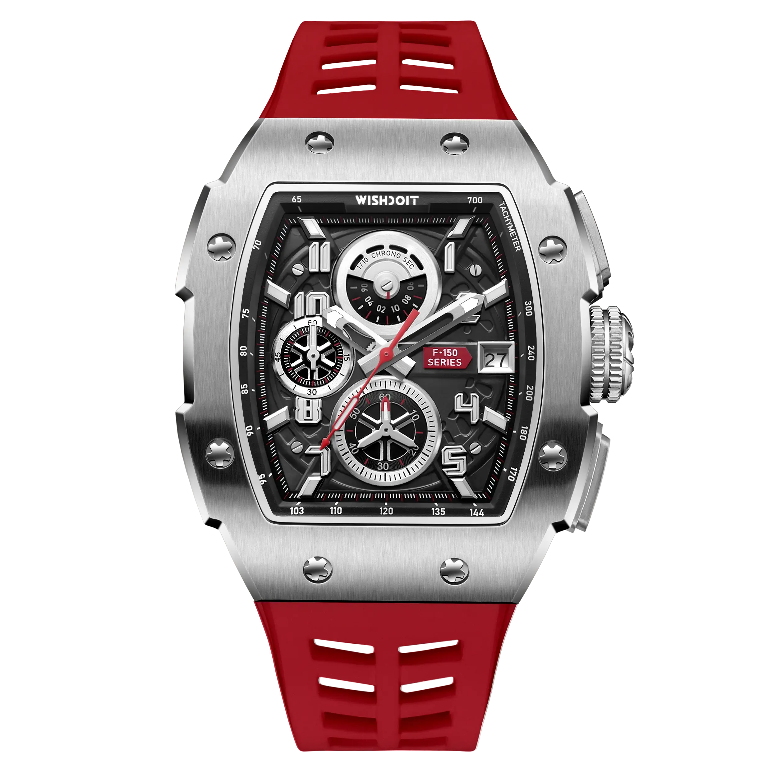 Wishdoit Watches Tonneau Affordable Best Men Chronograph F-150 Racing Watch | Fluorine Rubber Watch Strap|Silvery (Red Strap)
