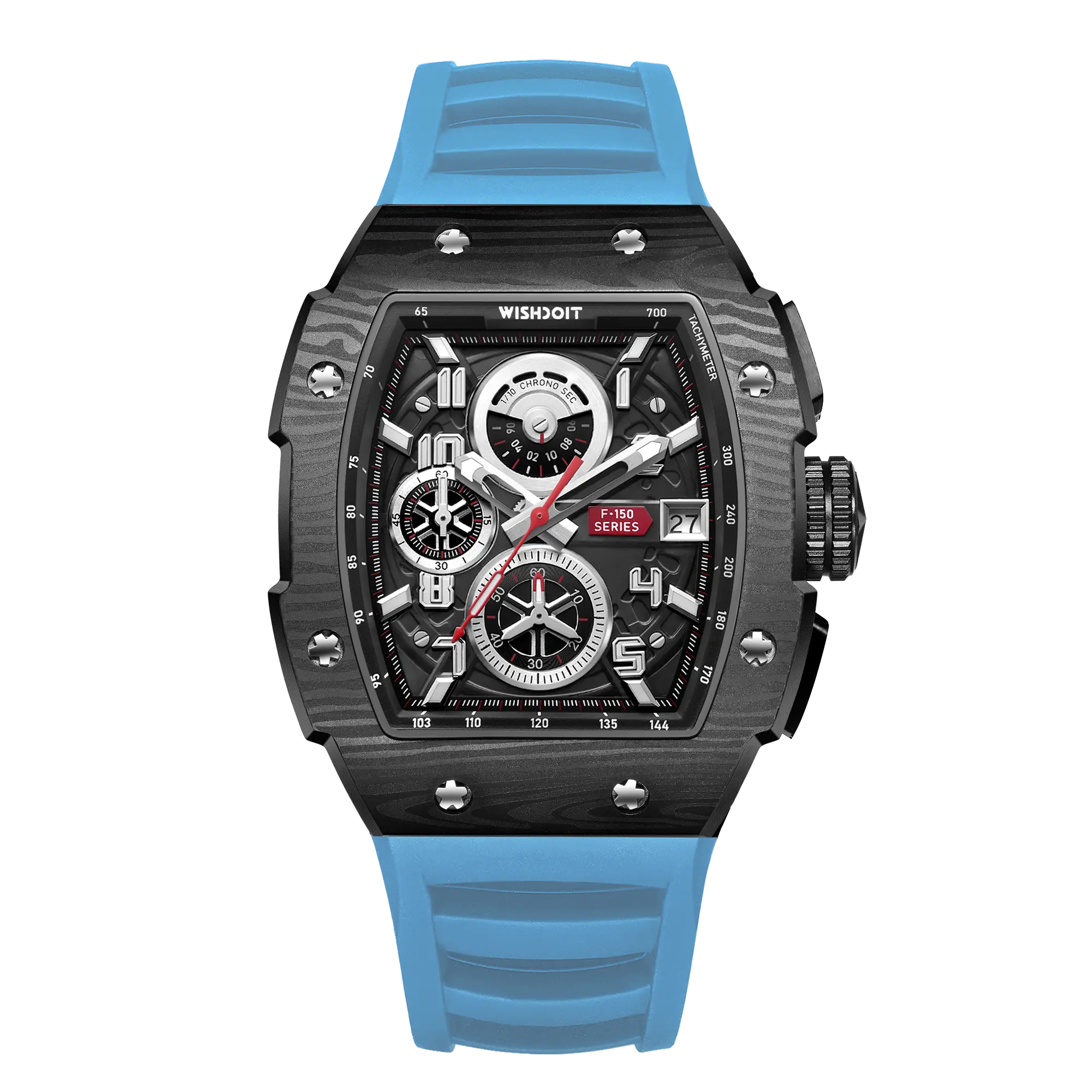 Wishdoit Watches Tonneau Affordable Best Men Chronograph F-150 Racing Watch | Fluorine Rubber Watch Strap|Black (Light Blue Strap)