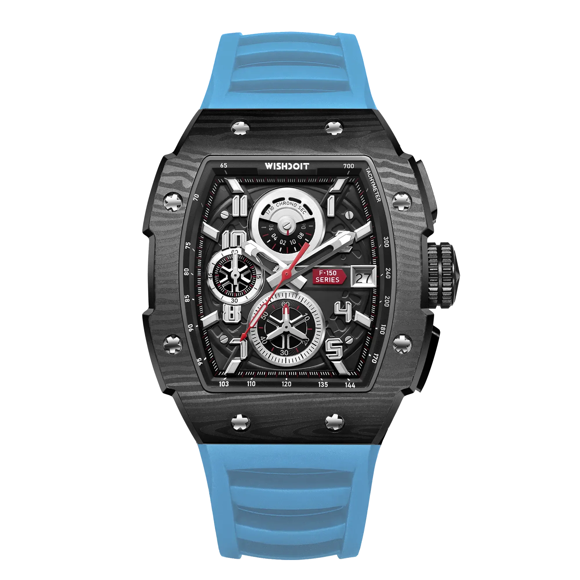 Wishdoit Watches Tonneau Affordable Best Men Chronograph F-150 Racing Watch | Fluorine Rubber Watch Strap|Black (Light Blue Strap)
