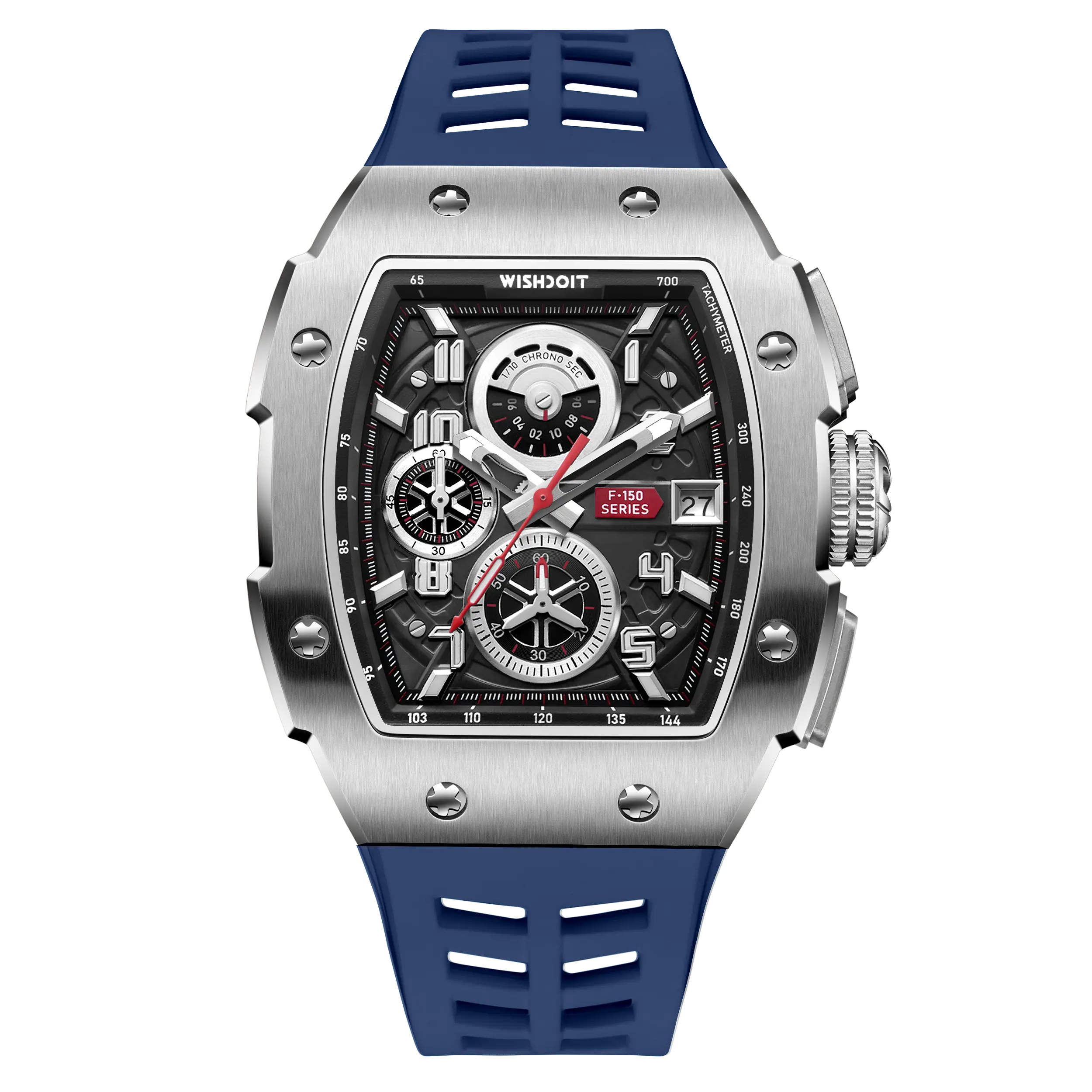 Wishdoit Watches Tonneau Affordable Best Men Chronograph F-150 Racing Watch | Fluorine Rubber Watch Strap|Silvery (Blue Strap)