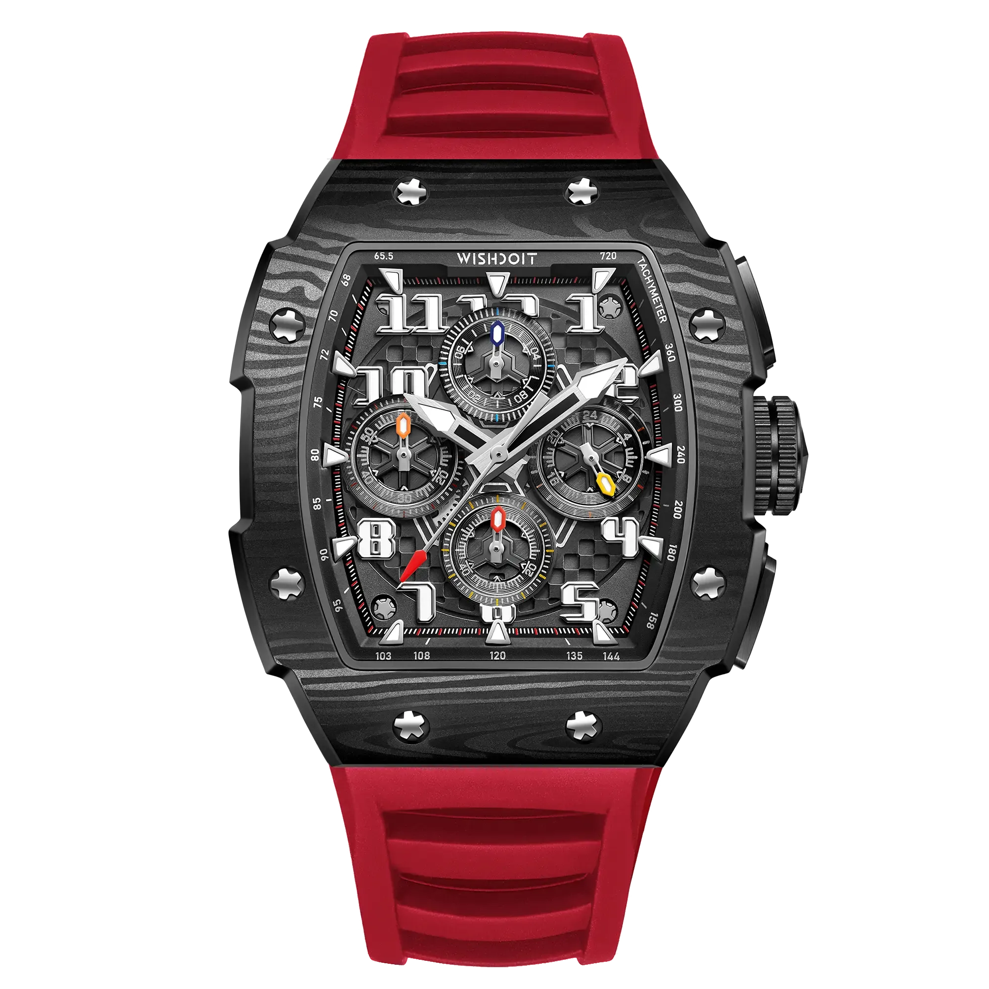 Wishdoit Watches Tonneau Affordable Best Men Chronograph GT 2.0 Racing Watch | Fluorine Rubber Watch Strap|Black (Red Strap)
