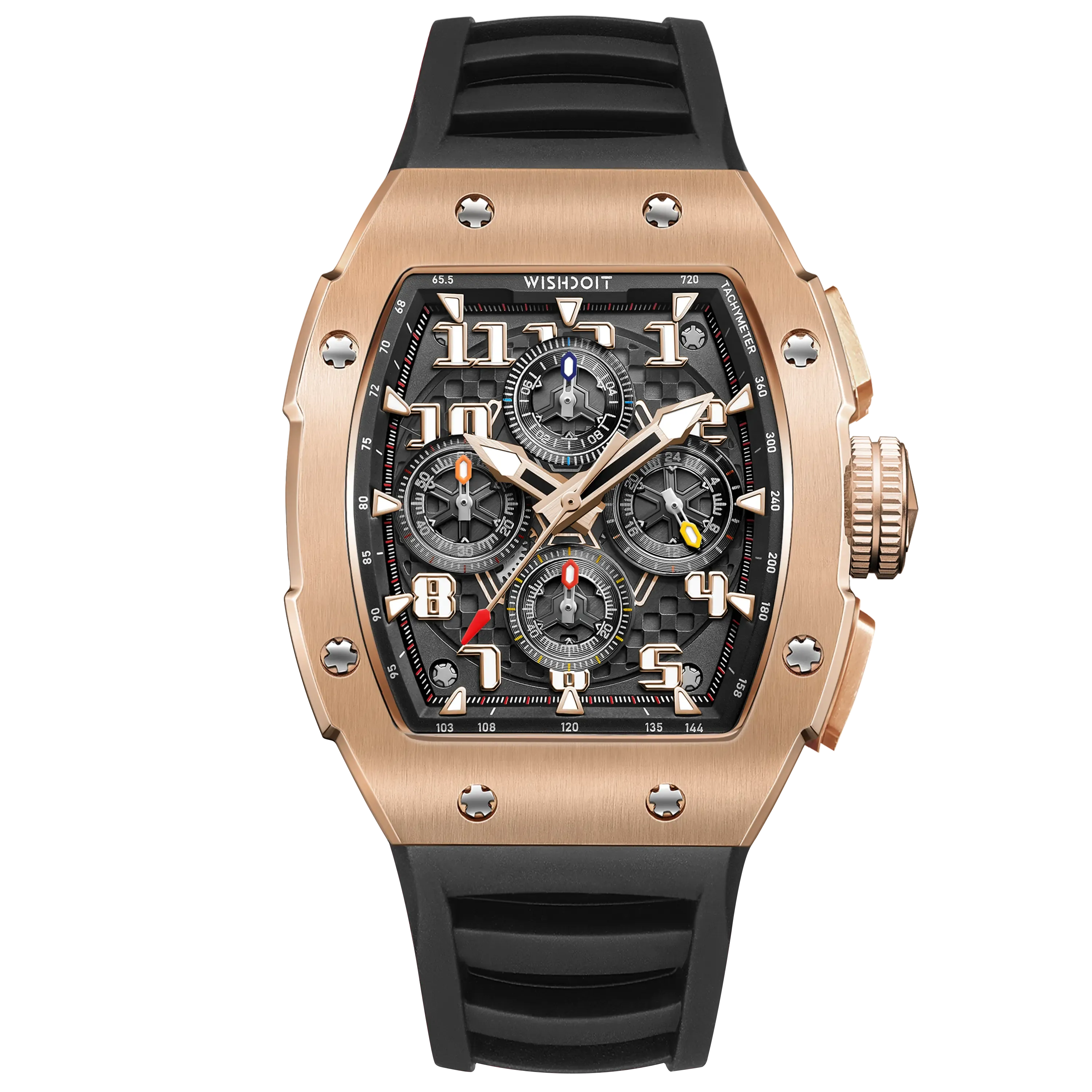 Wishdoit Watches Tonneau Affordable Best Men Chronograph GT 2.0 Racing Watch | Fluorine Rubber Watch Strap|Rose Gold