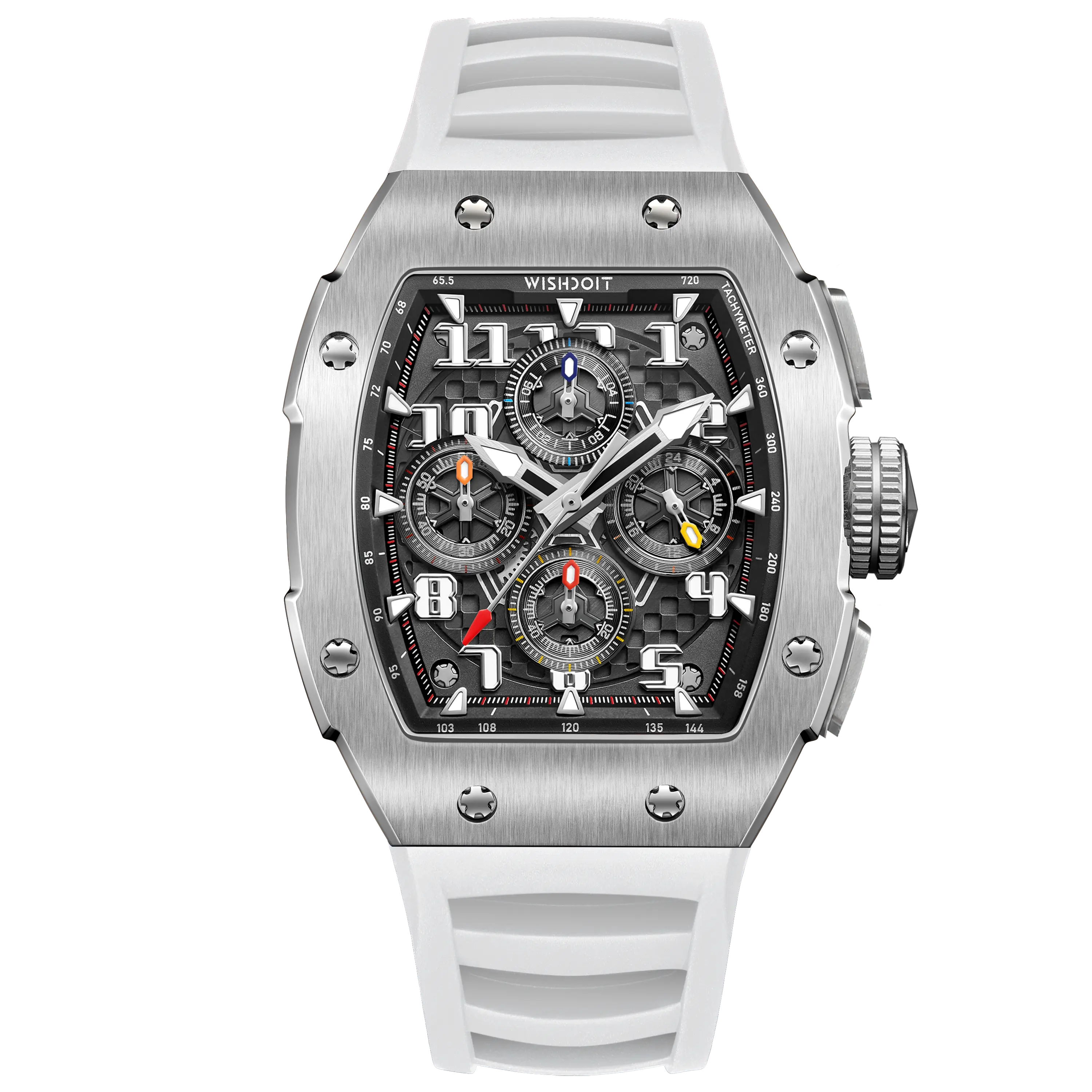 Wishdoit Watches Tonneau Affordable Best Men Chronograph GT 2.0 Racing Watch | Fluorine Rubber Watch Strap|Silvery(White Strap)