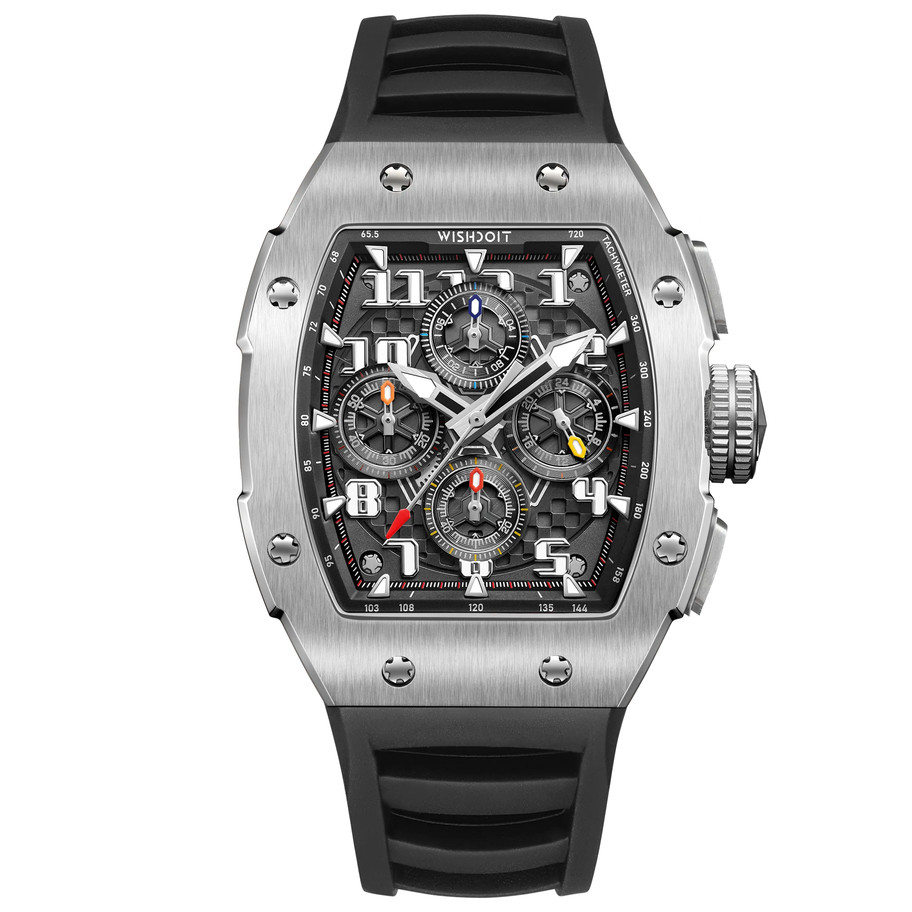 Wishdoit Watches Tonneau Affordable Best Men Chronograph GT 2.0 Racing Watch | Fluorine Rubber Watch Strap|Silvery