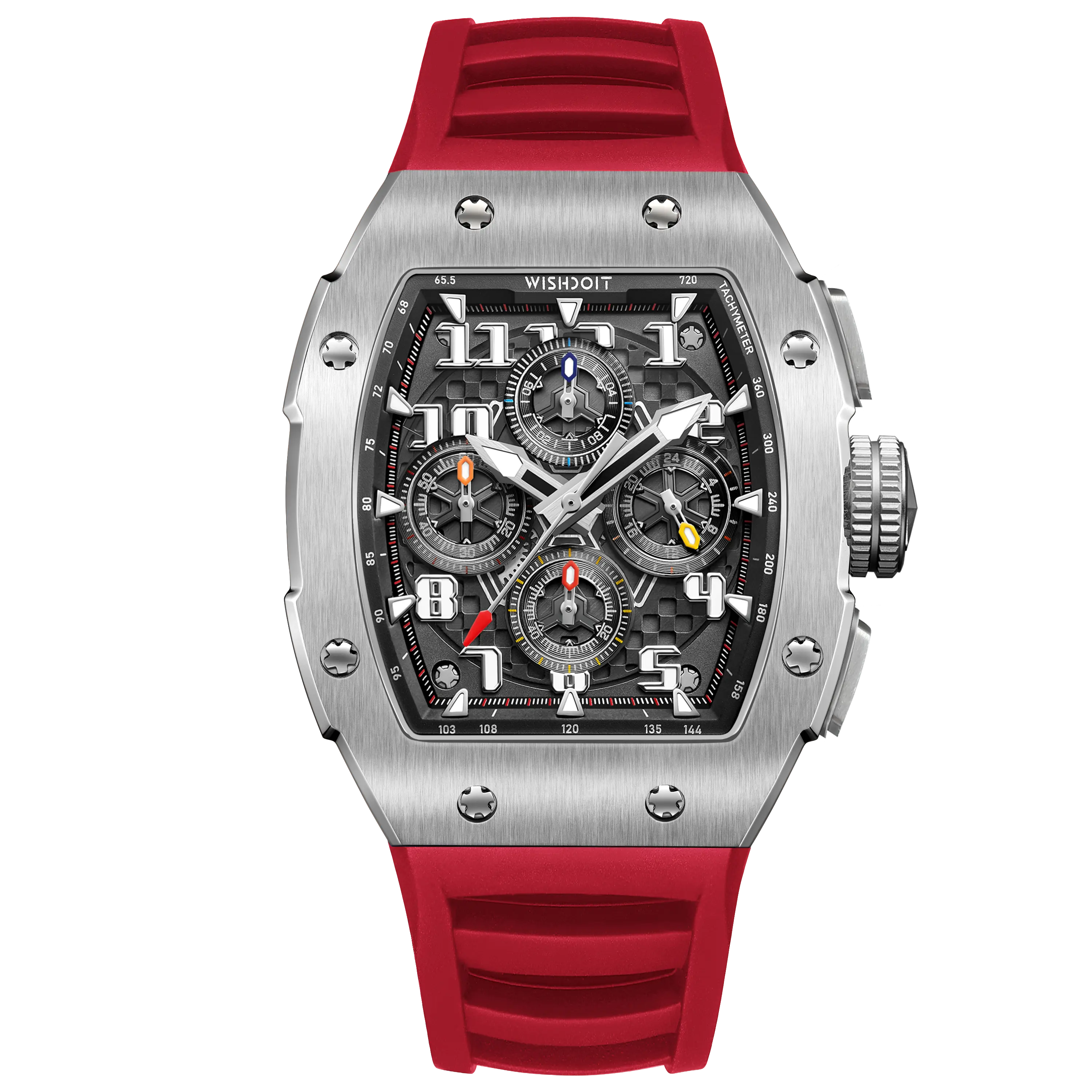 Wishdoit Watches Tonneau Affordable Best Men Chronograph GT 2.0 Racing Watch | Fluorine Rubber Watch Strap|Silvery(Red Strap)