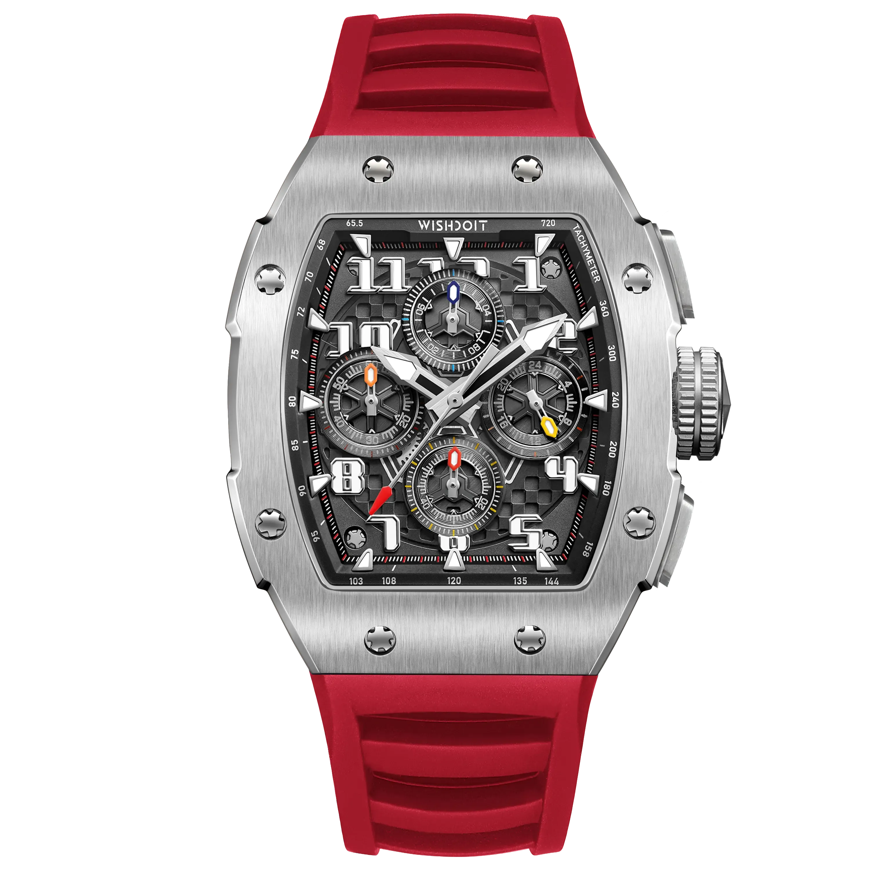 Wishdoit Watches Tonneau Affordable Best Men Chronograph GT 2.0 Racing Watch | Fluorine Rubber Watch Strap|Silvery(Red Strap)