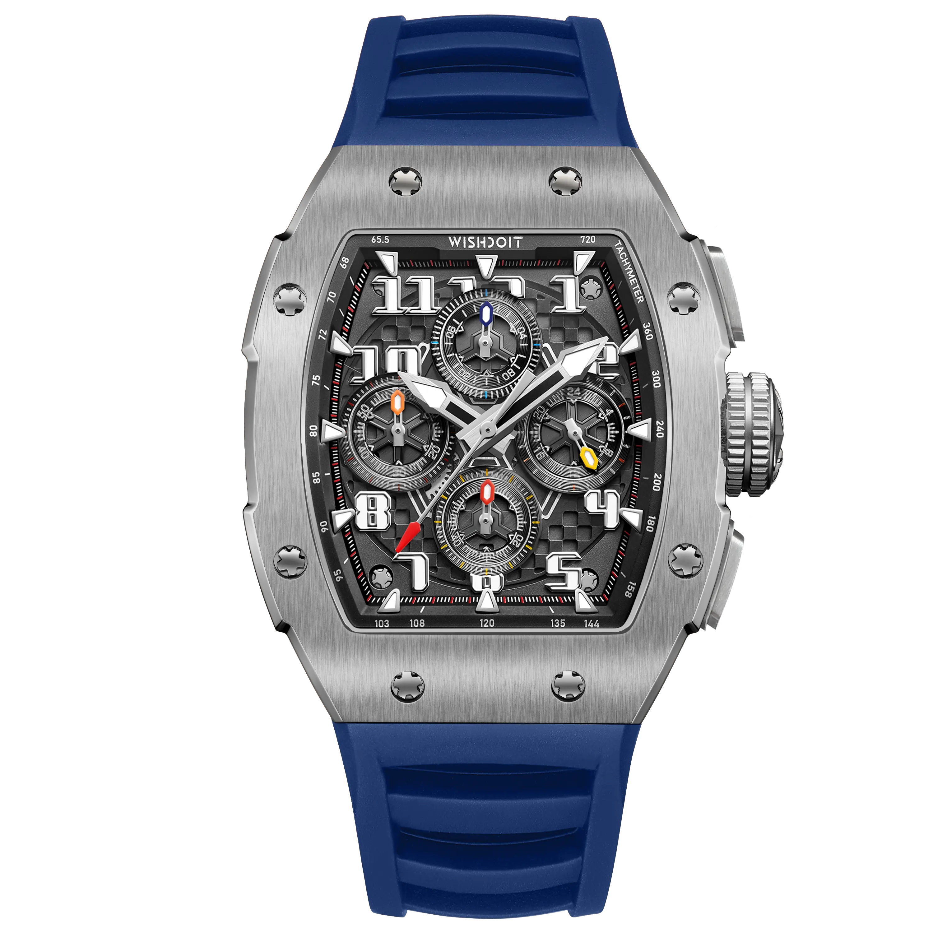 Wishdoit Watches Tonneau Affordable Best Men Chronograph GT 2.0 Racing Watch | Fluorine Rubber Watch Strap|Silvery(Blue Strap)