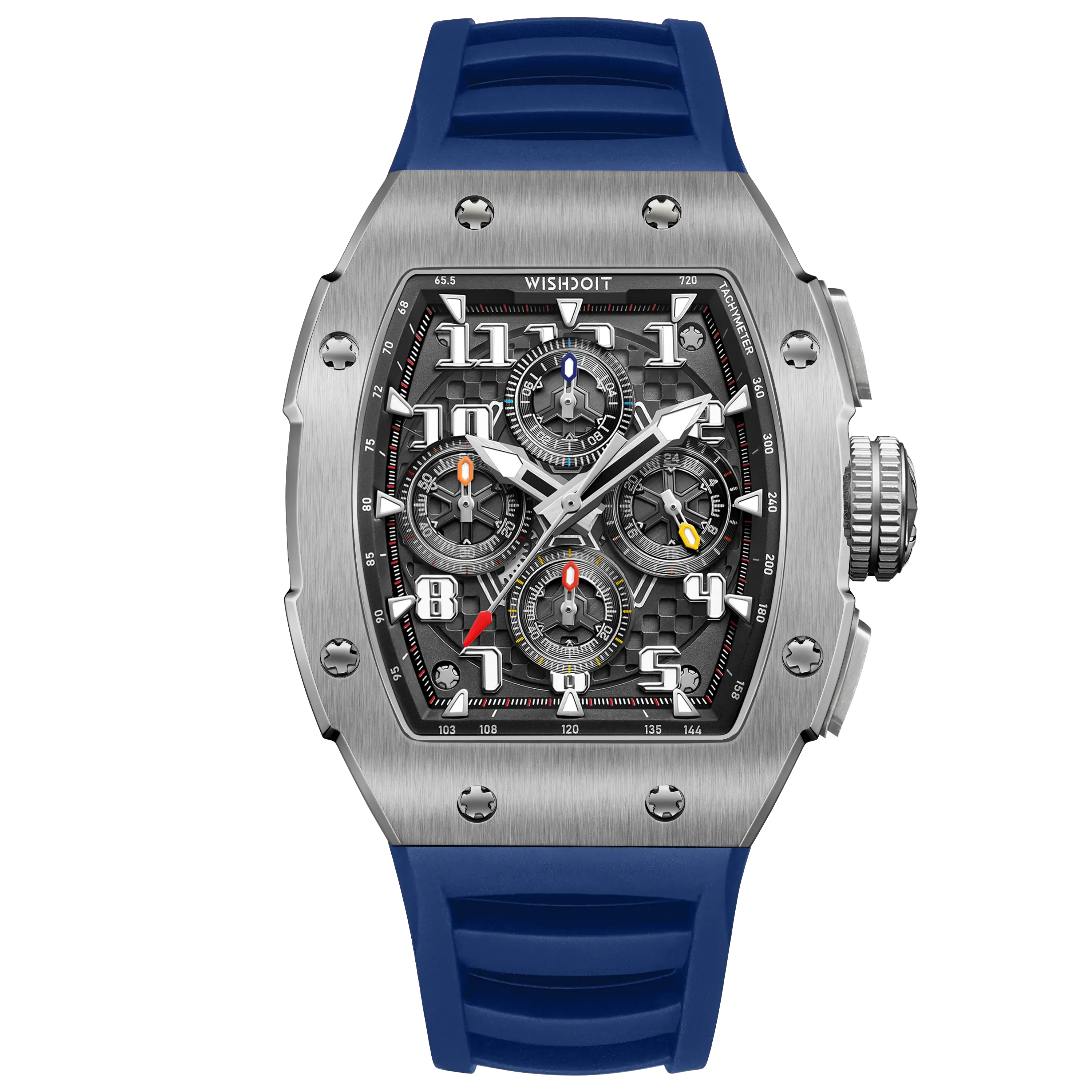 Wishdoit Watches Tonneau Affordable Best Men Chronograph GT 2.0 Racing Watch | Fluorine Rubber Watch Strap|Silvery(Blue Strap)