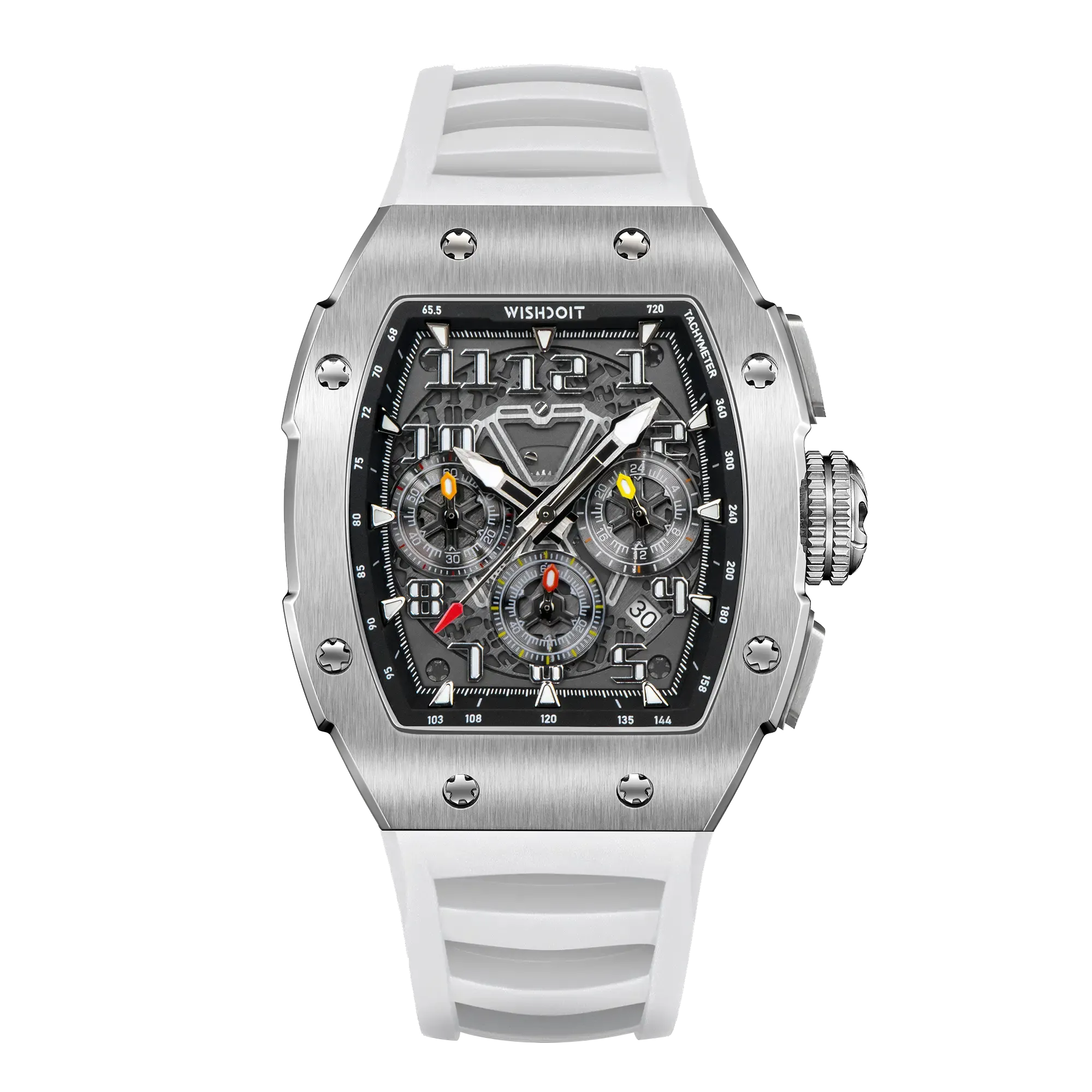 Wishdoit Watches Tonneau Affordable Best Men Chronograph GT Racing Watch| Fluorine Rubber Watch Strap|Silvery(White Strap)