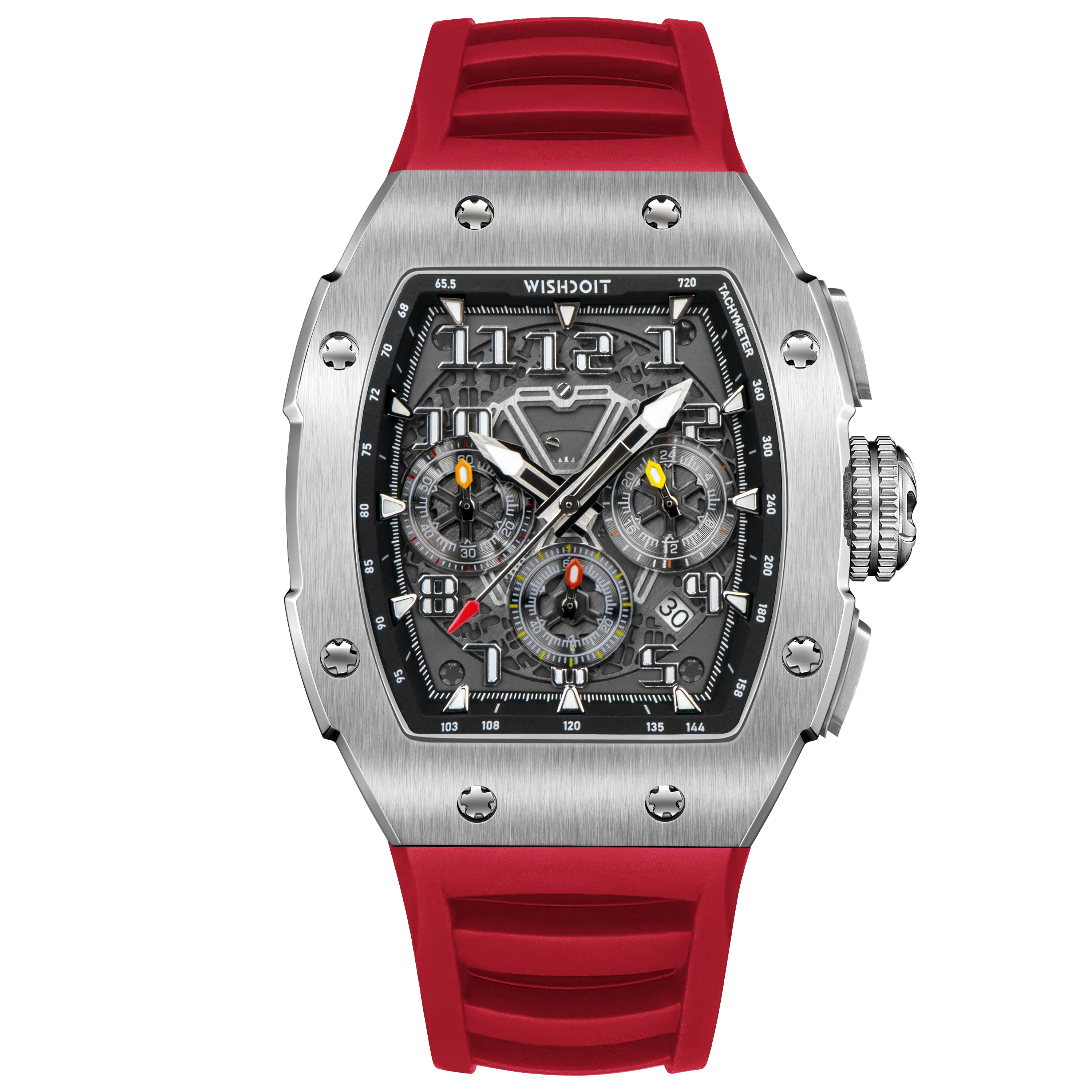 Wishdoit Watches Tonneau Affordable Best Men Chronograph GT 2.0 Racing Watch | Fluorine Rubber Watch Strap|Silvery(Red Strap)