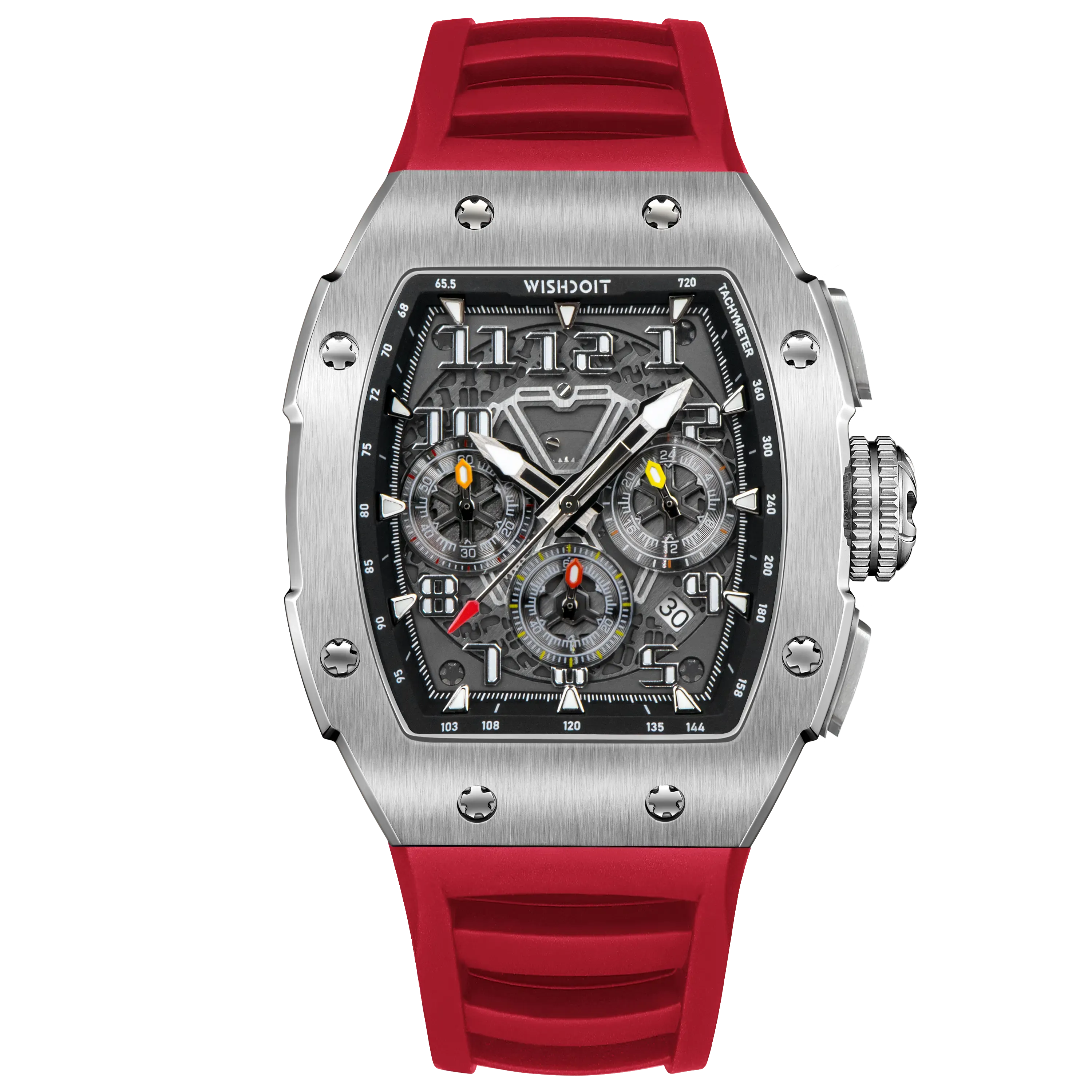 Wishdoit Watches Tonneau Affordable Best Men Chronograph GT 2.0 Racing Watch | Fluorine Rubber Watch Strap|Silvery(Red Strap)