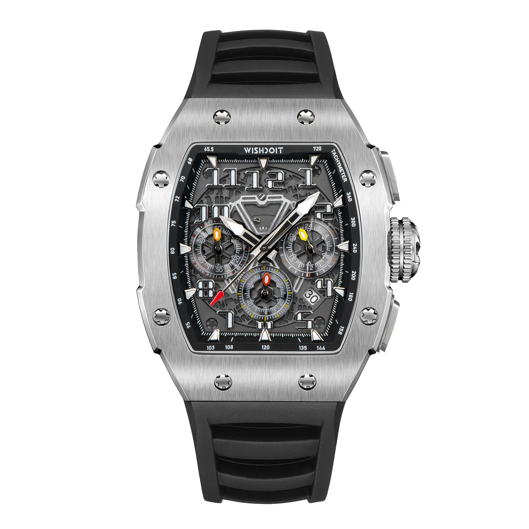 Wishdoit Watches Tonneau Affordable Best Men Chronograph GT Racing Watch| Fluorine Rubber Watch Strap|Silvery(Black Strap)