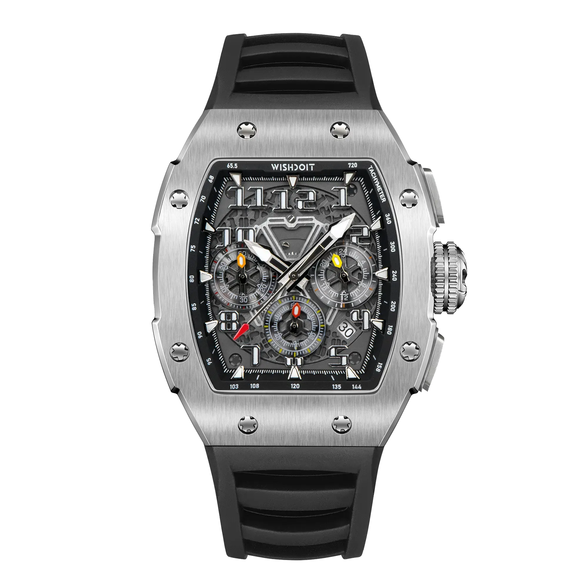 Wishdoit Watches Tonneau Affordable Best Men Chronograph GT Racing Watch| Fluorine Rubber Watch Strap|Silvery(Black Strap)