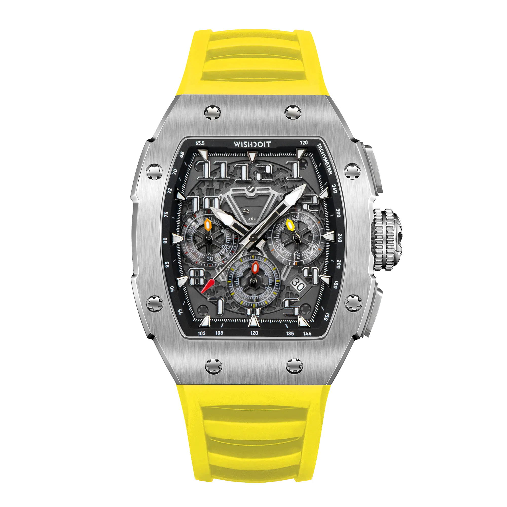 Wishdoit Watches Tonneau Affordable Best Men Chronograph GT Racing Watch| Fluorine Rubber Watch Strap|Silvery(Yellow Strap)