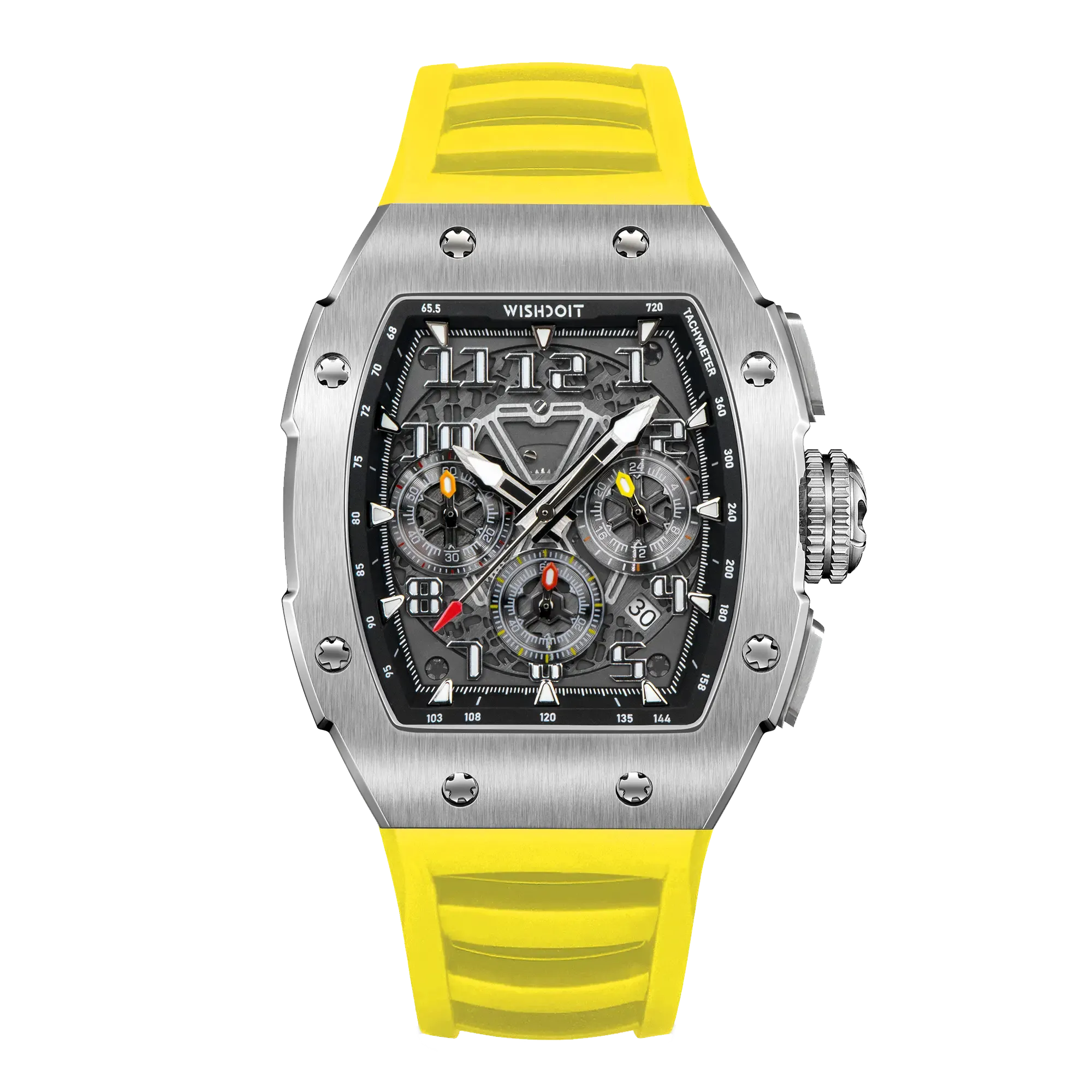 Wishdoit Watches Tonneau Affordable Best Men Chronograph GT Racing Watch| Fluorine Rubber Watch Strap|Silvery(Yellow Strap)