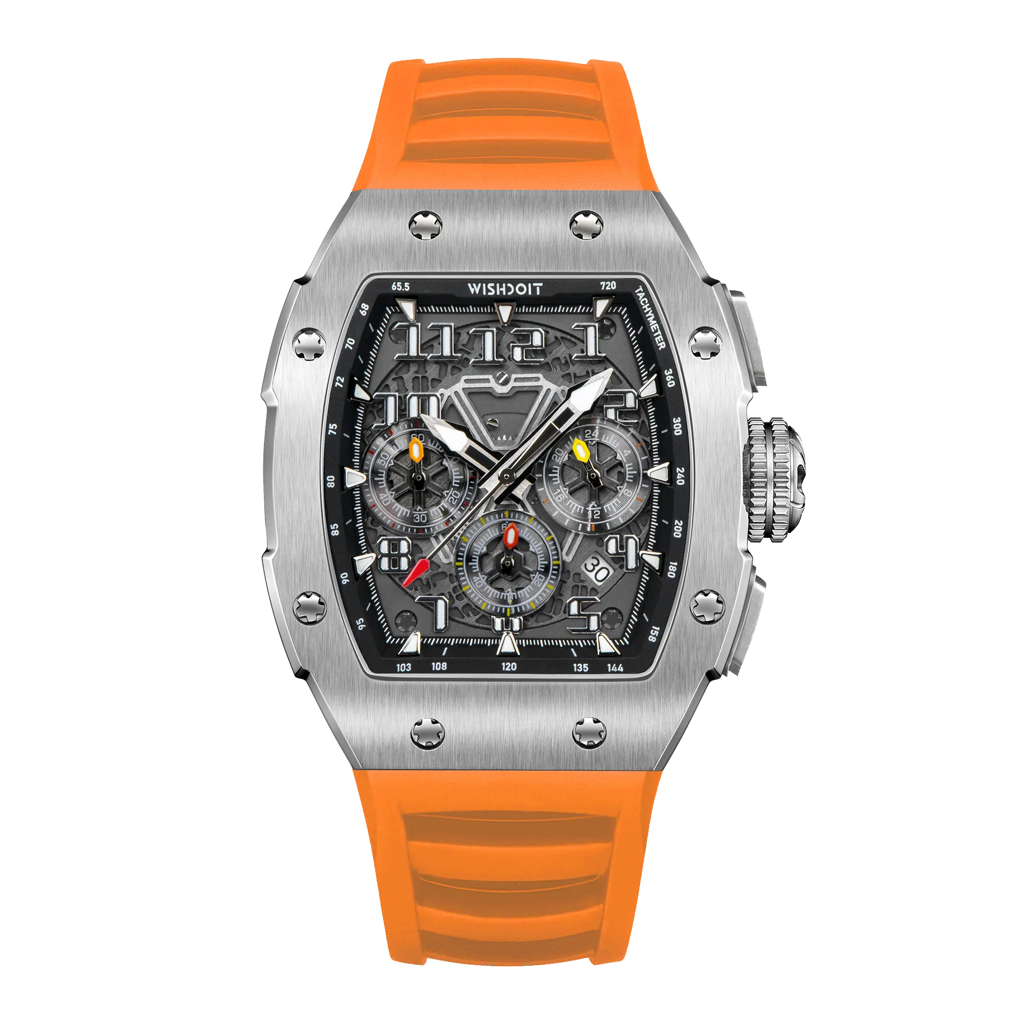Wishdoit Watches Tonneau Affordable Best Men Chronograph GT Racing Watch| Fluorine Rubber Watch Strap|Silvery(Orange Strap)