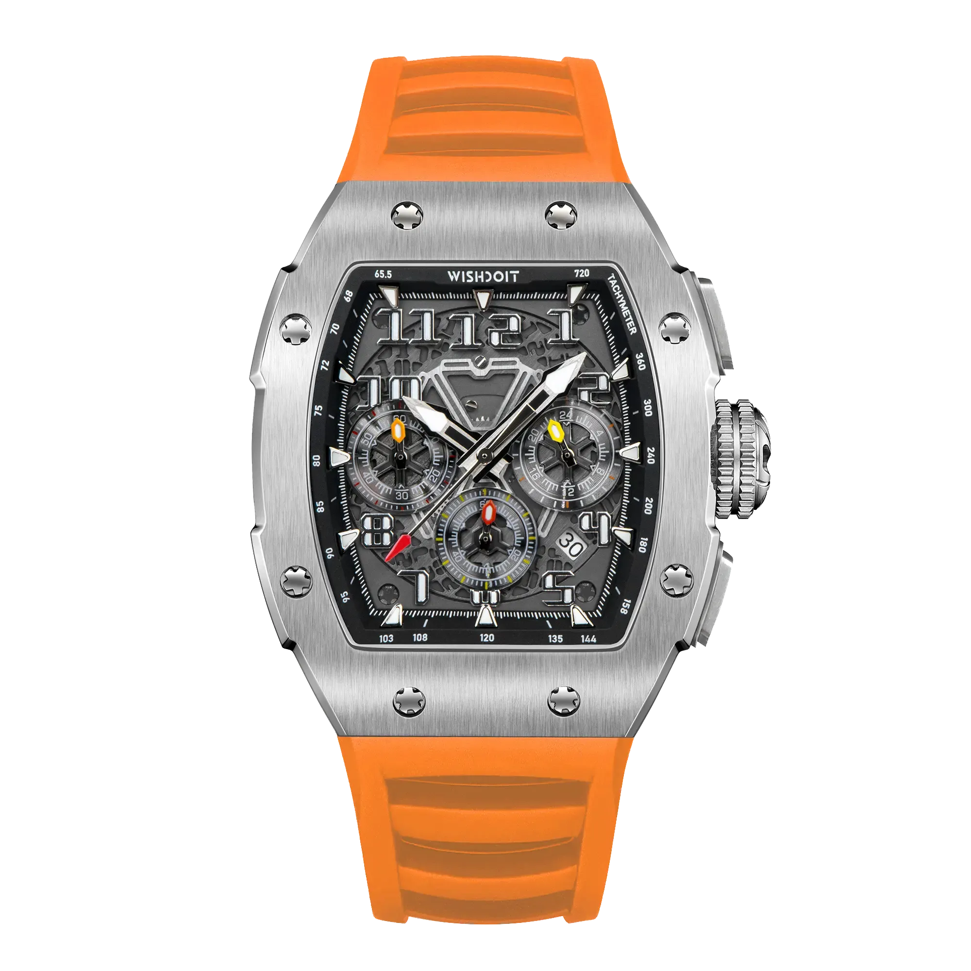 Wishdoit Watches Tonneau Affordable Best Men Chronograph GT Racing Watch| Fluorine Rubber Watch Strap|Silvery(Orange Strap)