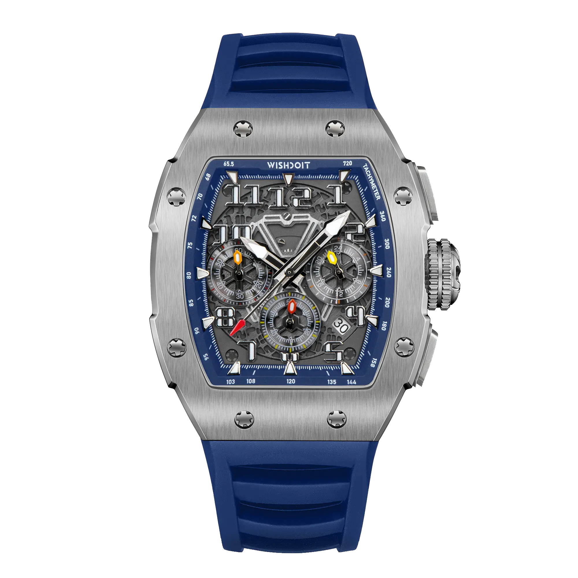 Wishdoit Watches Tonneau Affordable Best Men Chronograph GT 2.0 Racing Watch | Fluorine Rubber Watch Strap|Silvery(Blue Strap)