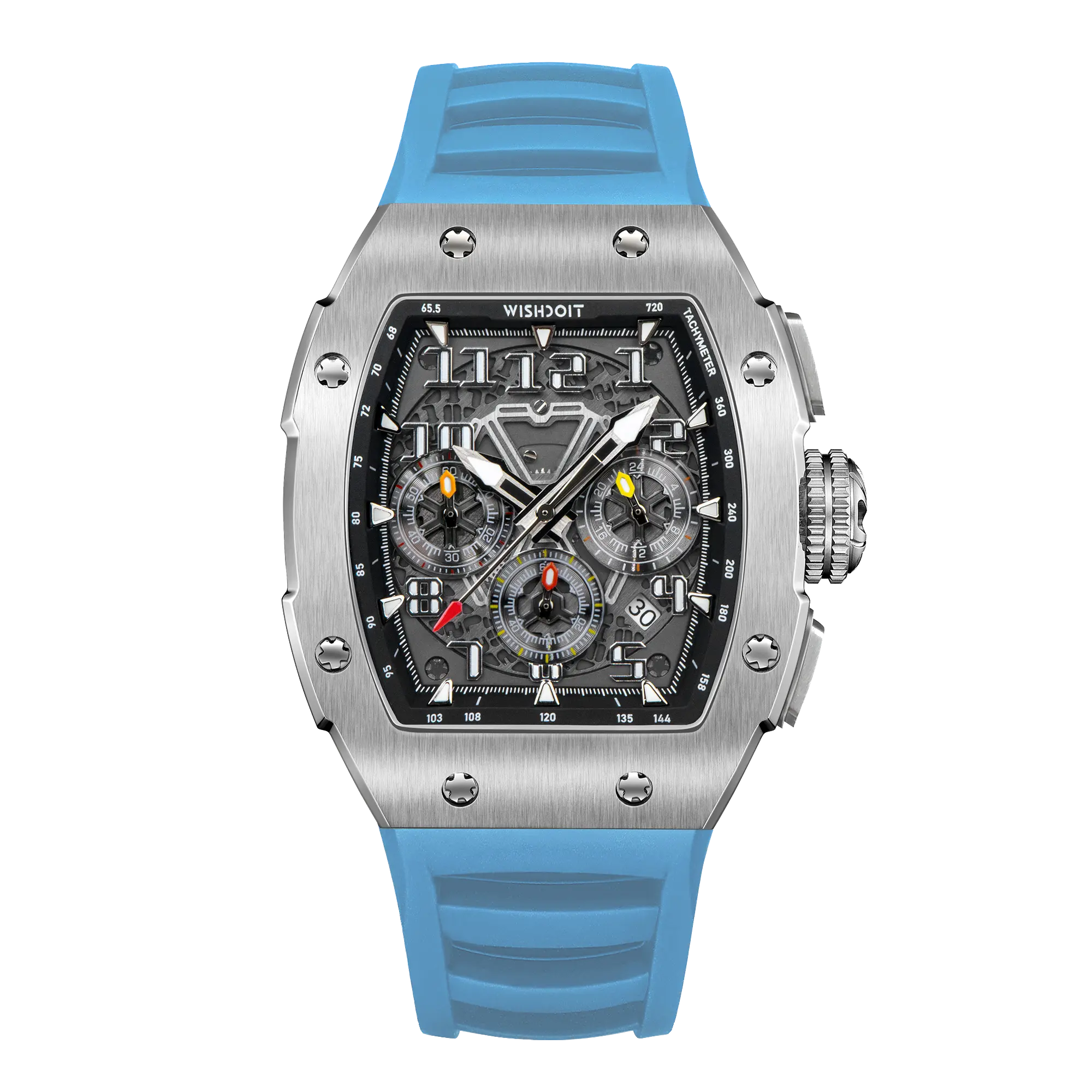 Wishdoit Watches Tonneau Affordable Best Men Chronograph GT Racing Watch| Fluorine Rubber Watch Strap|Silvery(Light Blue Strap)