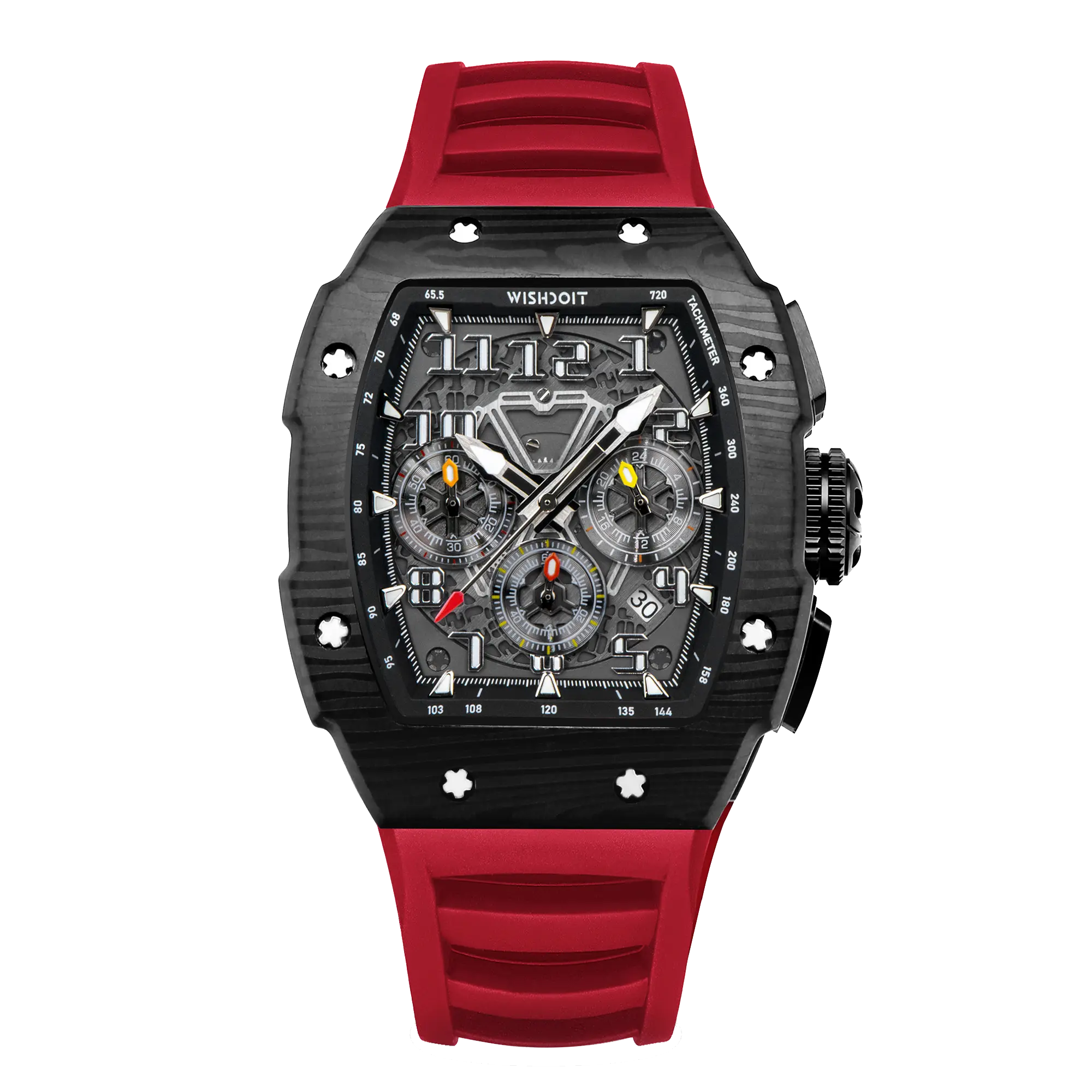 Wishdoit Watches Tonneau AffordableBest Men Chronograph GT Racing Watch | Fluorine Rubber Watch Strap|Black (Red Strap)