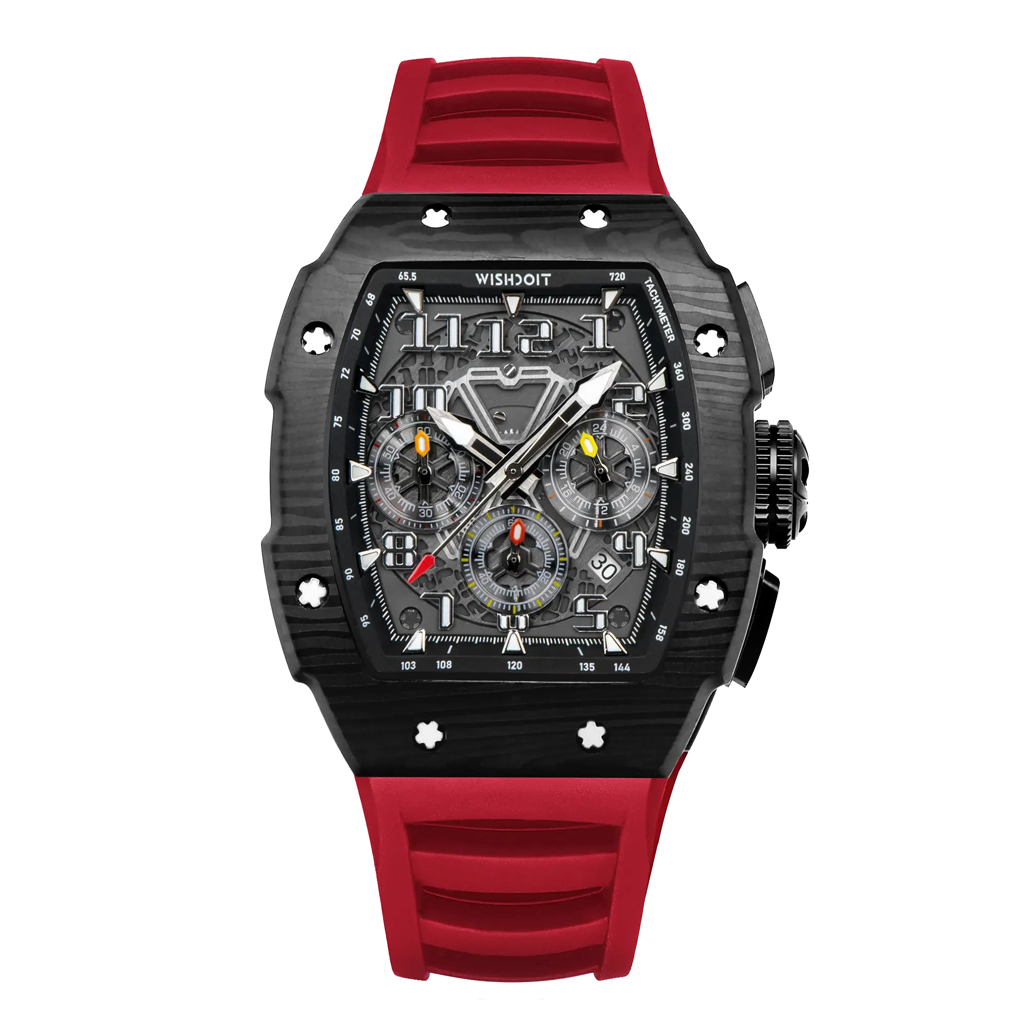 Wishdoit Watches Tonneau AffordableBest Men Chronograph GT Racing Watch | Fluorine Rubber Watch Strap|Black (Red Strap)