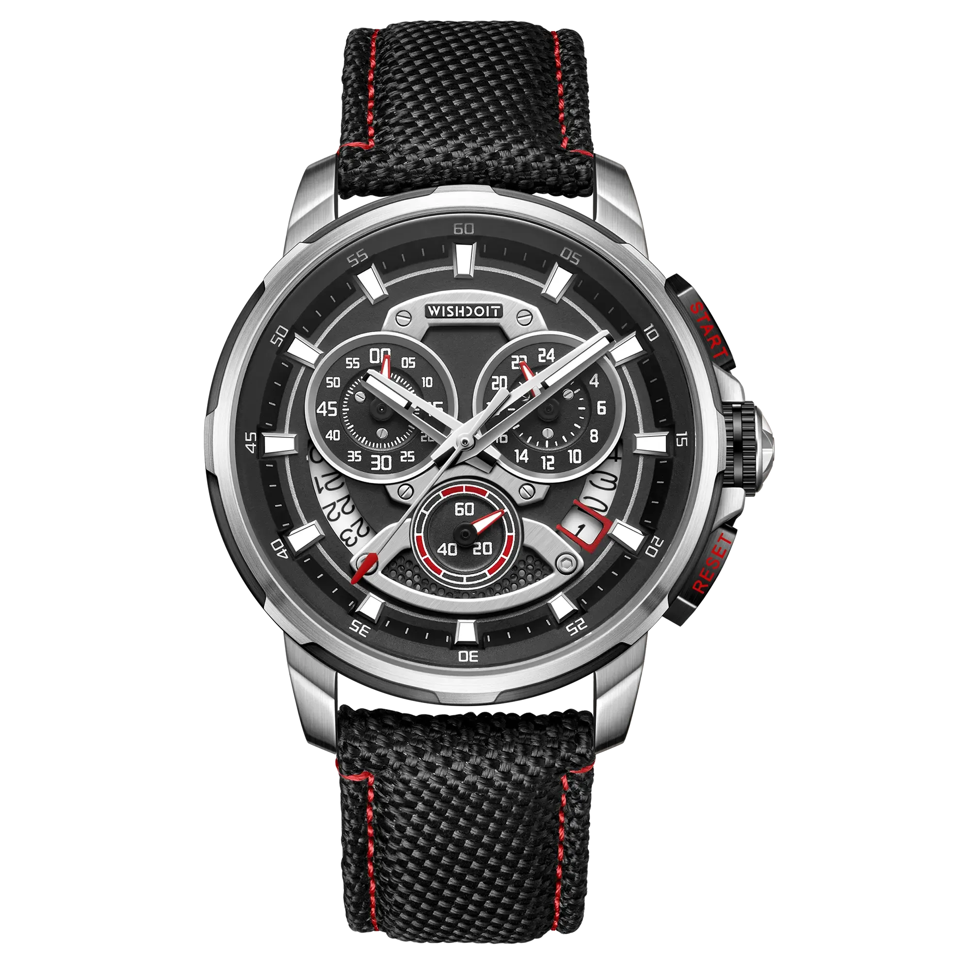 Wishdoit Watches Round Affordable Best Men Chronograph GT40 Sapphire Watch | Nylon Genuine Leather Watch Strap| Silvery,WSD9943:BA,