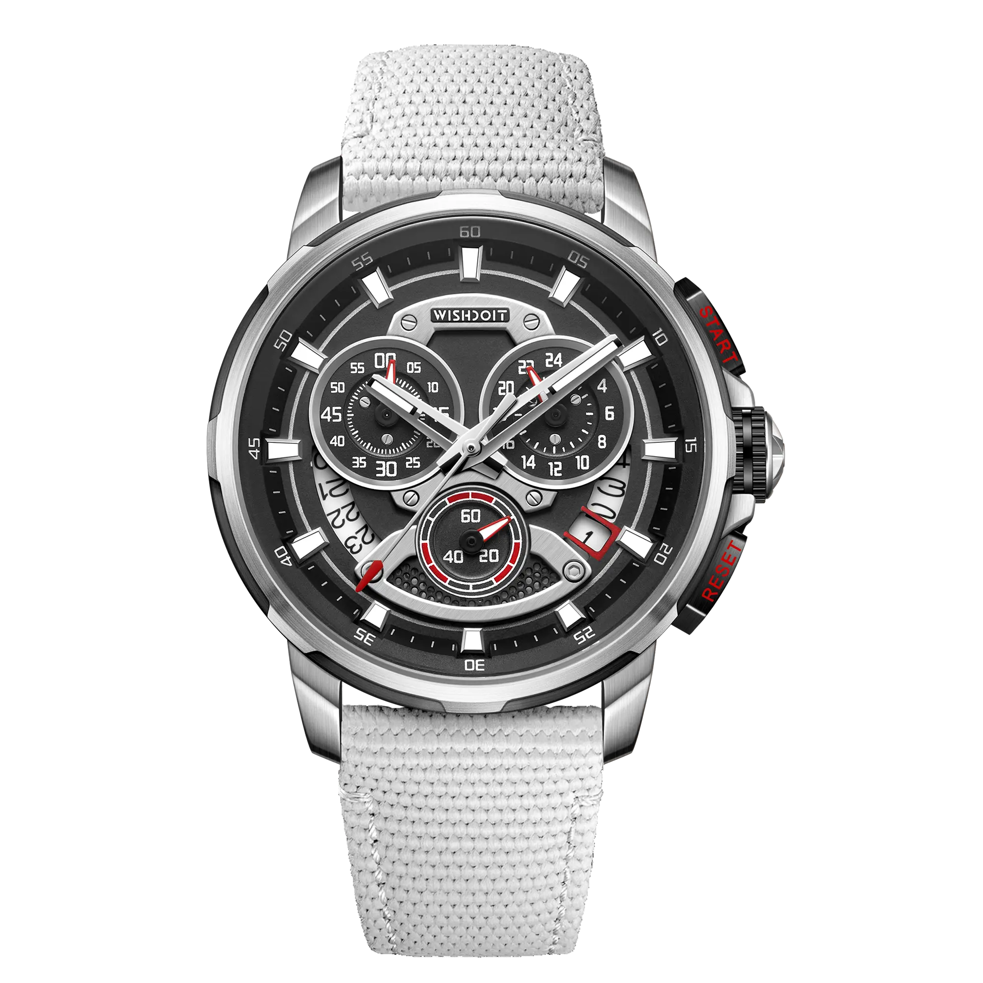 Wishdoit Watches Round Affordable Best Men Chronograph GT40 Sapphire Watch | Nylon Genuine Leather Watch Strap| Silvery (White Strap)