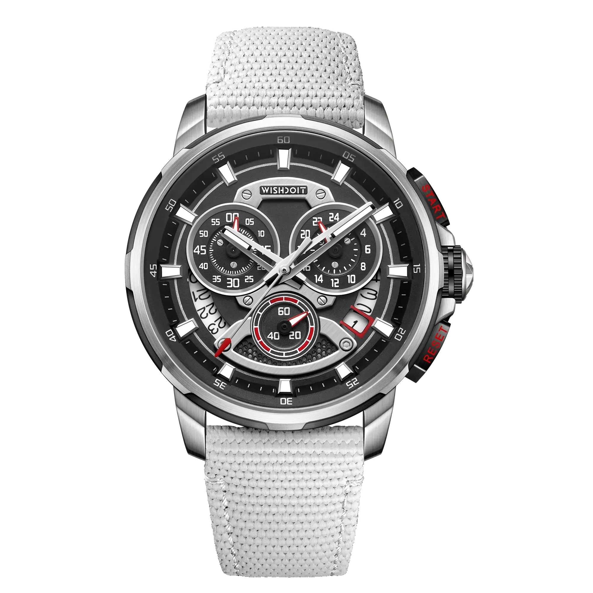 Wishdoit Watches Round Affordable Best Men Chronograph GT40 Sapphire Watch | Nylon Genuine Leather Watch Strap| Silvery (White Strap)