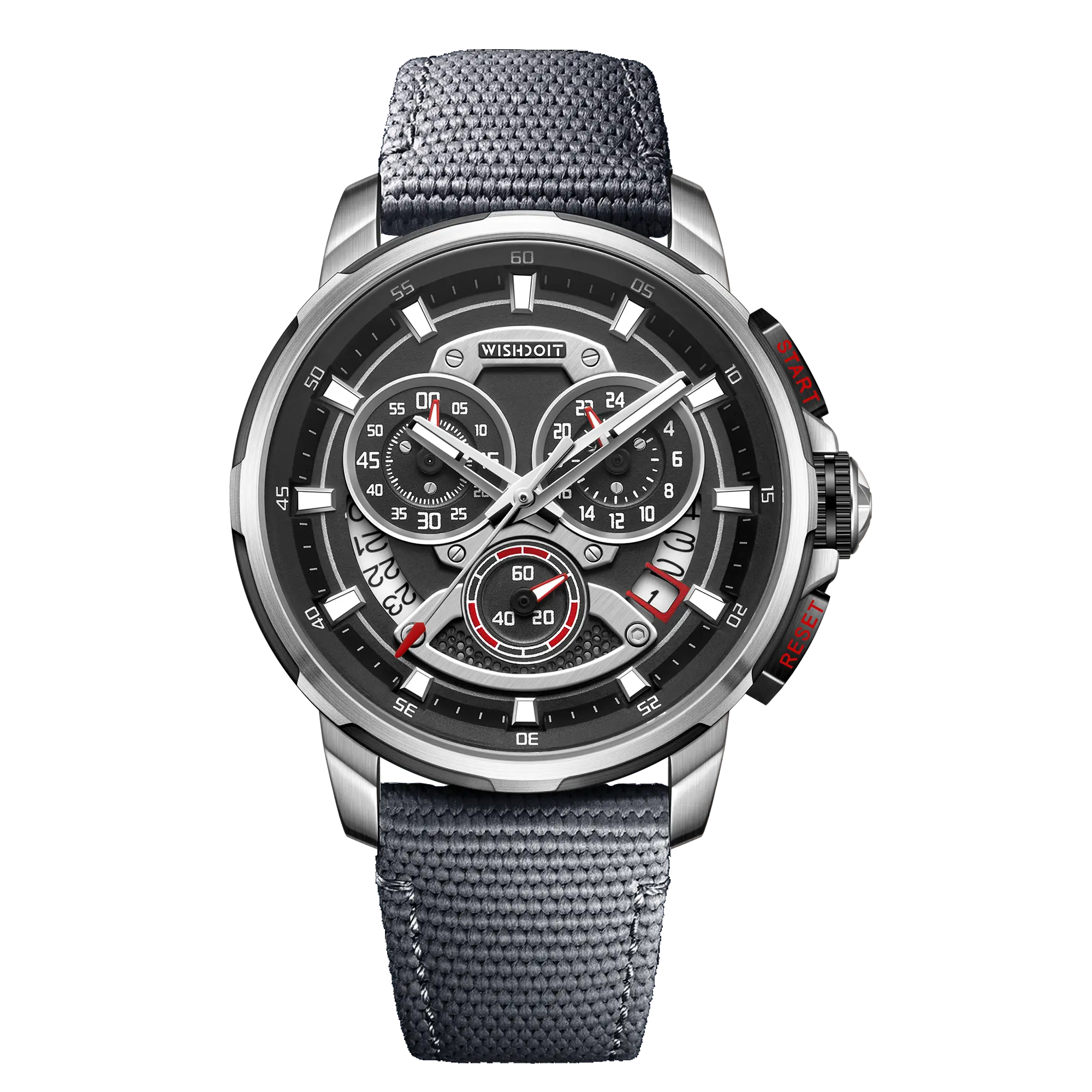 Wishdoit Watches Round Affordable Best Men Chronograph GT40 Sapphire Watch | Nylon Genuine Leather Watch Strap| Silvery (Grey Strap)