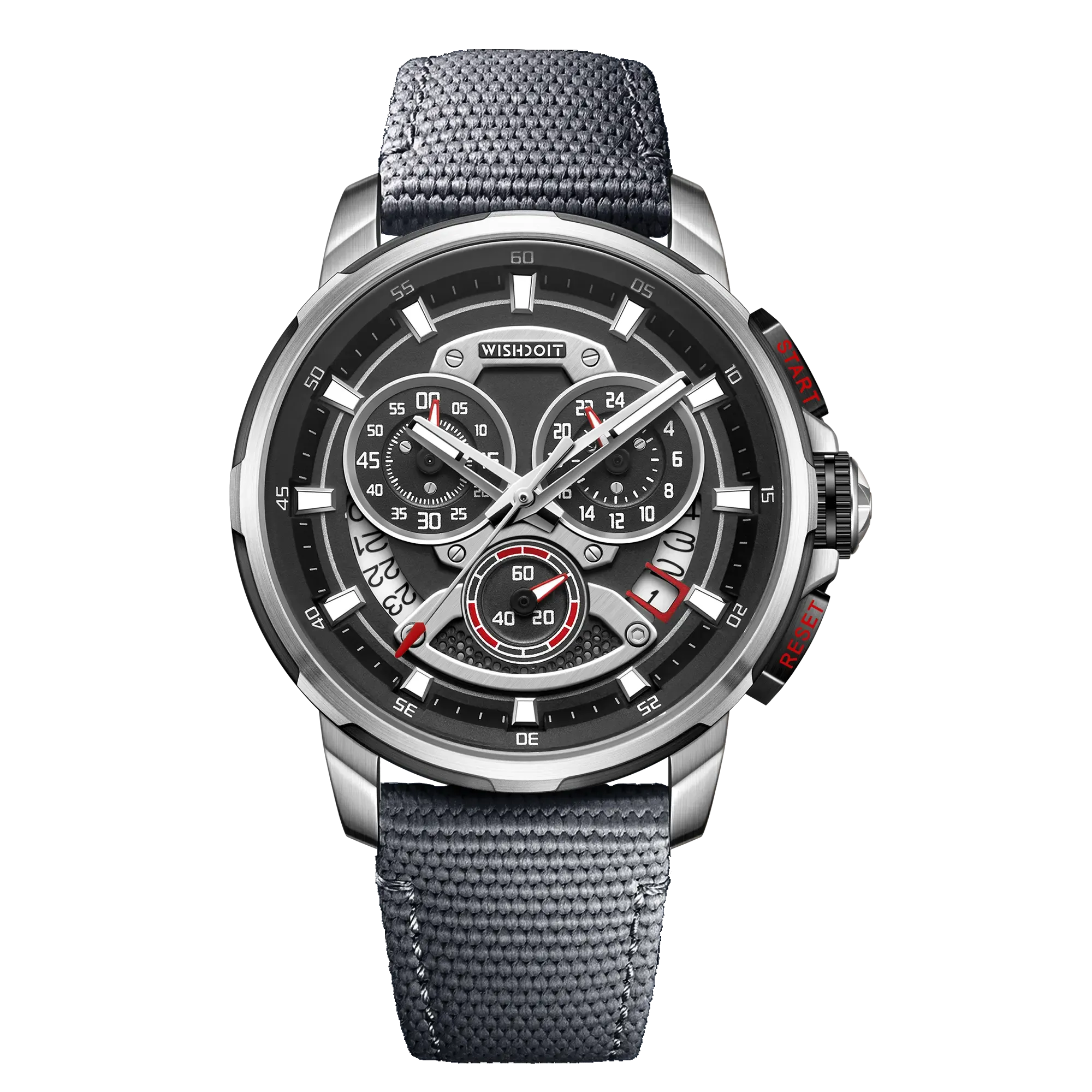 Wishdoit Watches Round Affordable Best Men Chronograph GT40 Sapphire Watch | Nylon Genuine Leather Watch Strap| Silvery (Grey Strap)