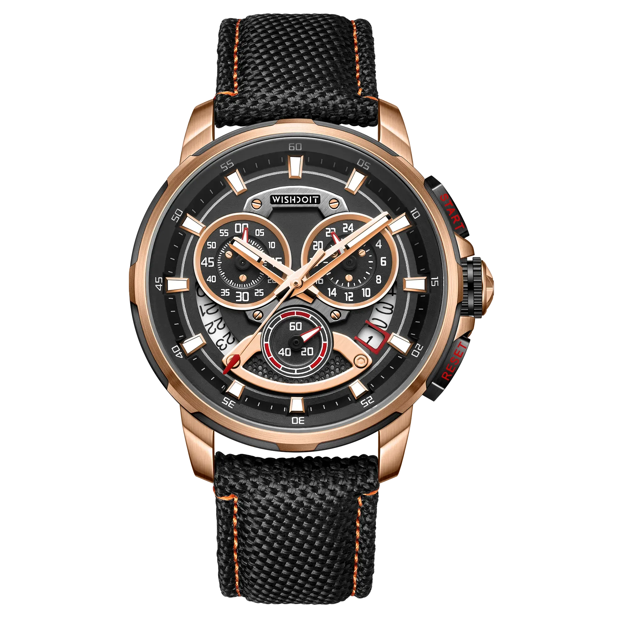 Wishdoit Watches Round Affordable Best Men Chronograph GT40 Sapphire Watch | Nylon Genuine Leather Watch Strap|Rose Gold