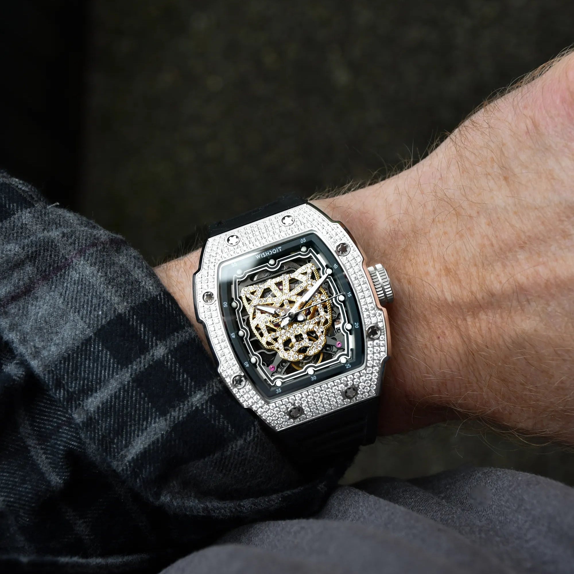 Wishdoit Watches Tonneau Luxury Automatic Mechanical Gold Snow Leopard Watch | Fluorine Rubber Watch Strap| Silvery,WSD9975:EB,WSD9975:EF,